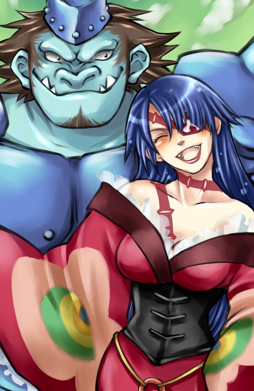 amachi(pixiv175274), amosu., adiane, thymilph, tengen toppa gurren lagann, 00s, bare shoulders, blue hair, corset, dress, eyepatch, fangs, lipstick, long hair, makeup, smile, tattoo