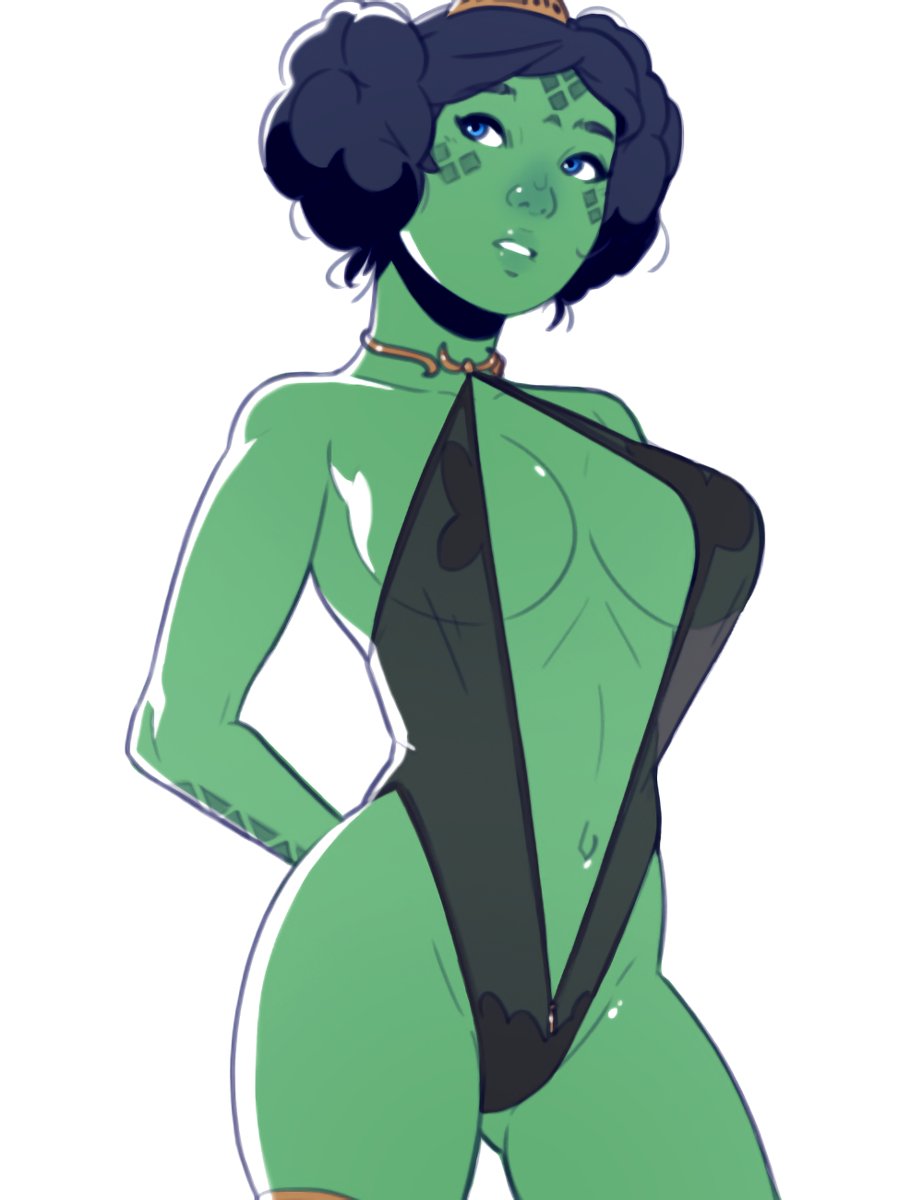 dave cheung, mirialan, yara larso (dave cheung), star wars, highres, 1girl, alien, black hair, black one-piece swimsuit, blue eyes, breasts, center opening, colored skin, green skin, looking to the side, medium breasts, navel, one-piece swimsuit, short hair, simple background, swimsuit, white background