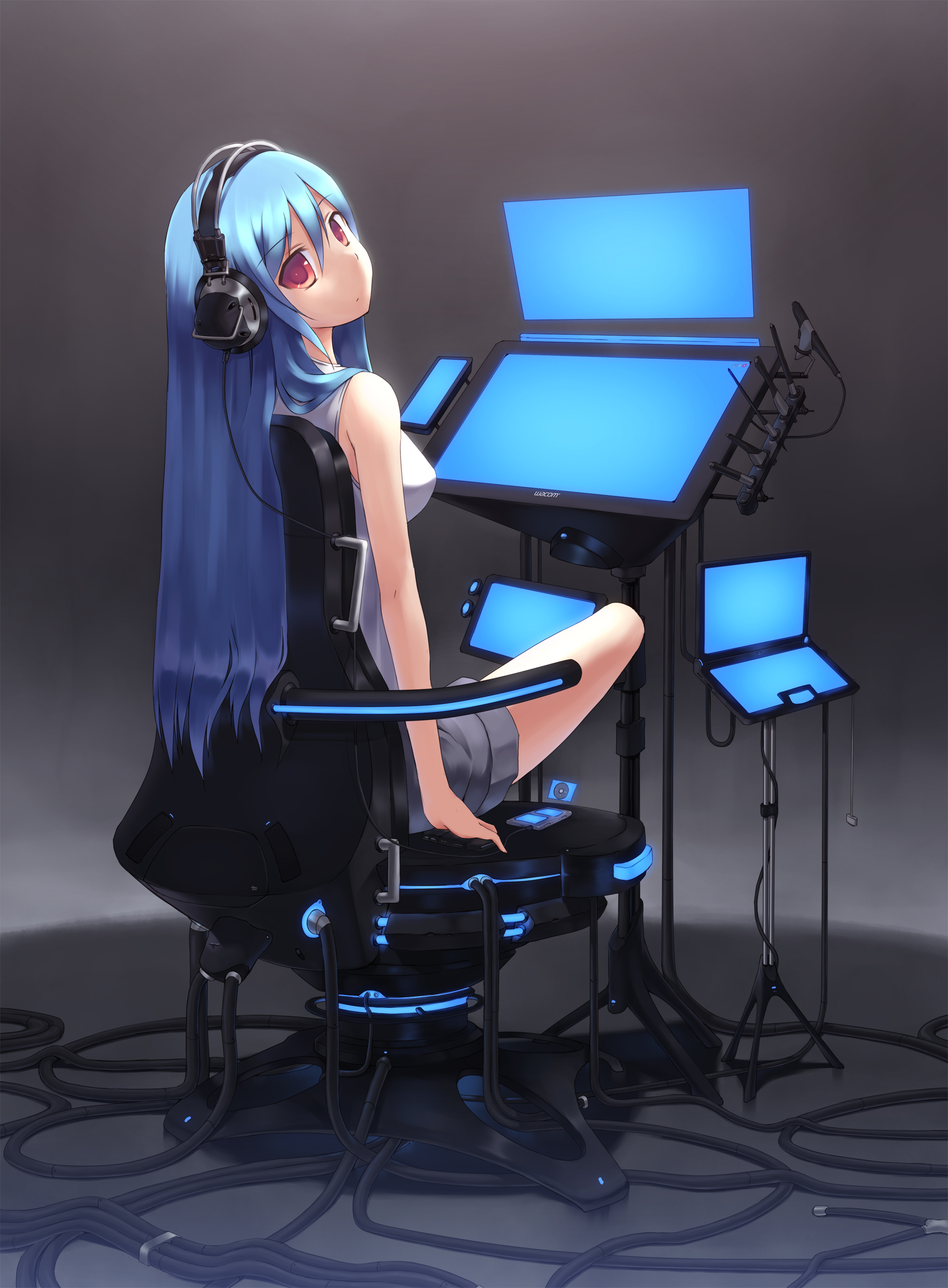 zenn, original, wacom, absurdres, highres, 1girl, blue hair, cable, chair, digital media player, drawing tablet, female focus, headphones, long hair, looking at viewer, looking back, monitor, red eyes, sitting, solo, wire