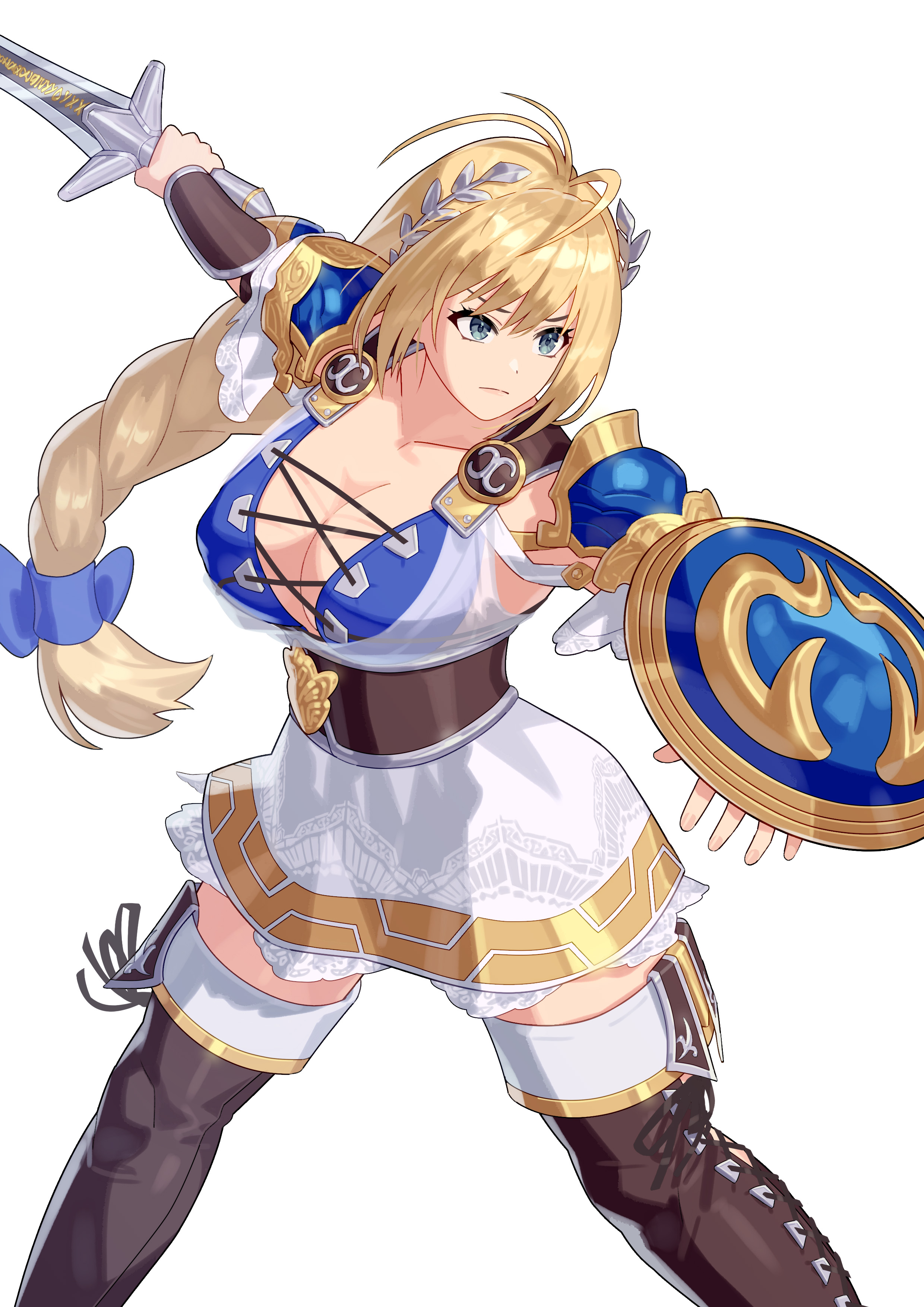 yagi2013, sophitia alexandra, soul calibur, absurdres, commentary, commission, highres, pixiv commission, 1girl, blonde hair, blue eyes, braid, braided ponytail, breasts, holding, holding shield, holding sword, holding weapon, long hair, shield, simple background, solo, sword, weapon, white background