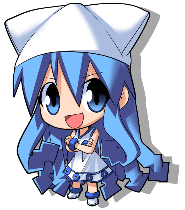 osaragi mitama, ikamusume, shinryaku! ikamusume, anklet, blue eyes, blue hair, bracelet, chibi, dress, hat, jewelry, long hair, solo