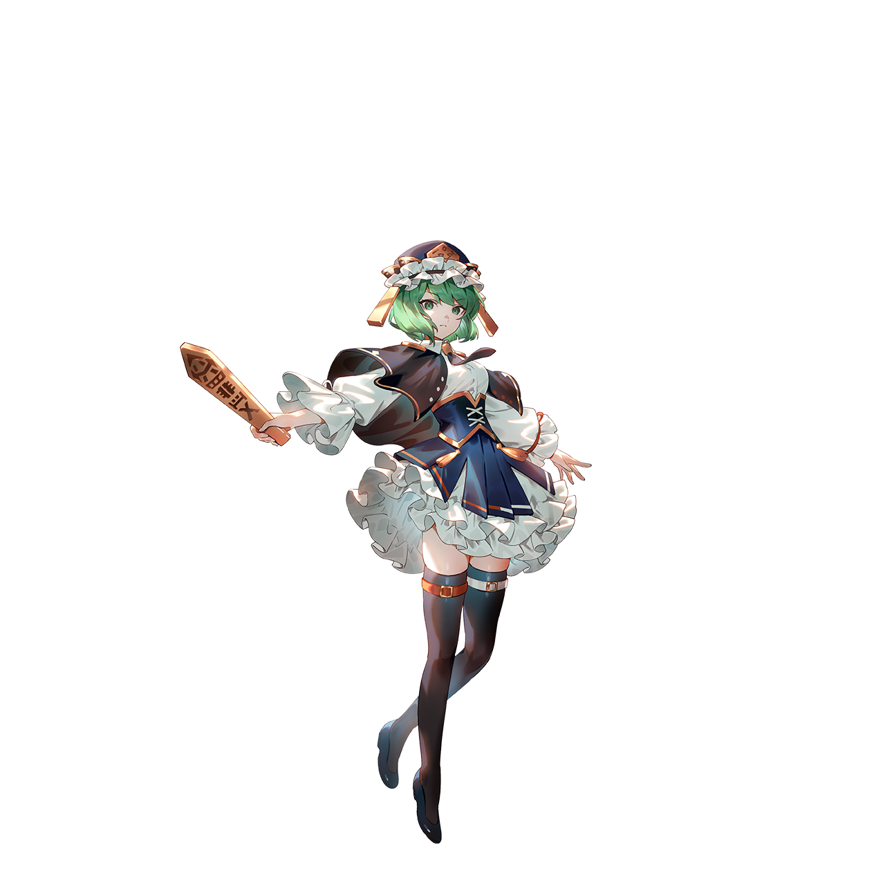 u u zan, shiki eiki, touhou, touhou gensou eclipse, game cg, highres, non-web source, official art, second-party source, 1girl, alternate costume, belt, black capelet, black shoes, black thighhighs, capelet, closed mouth, dress, frilled hat, frills, full body, green eyes, green hair, hat, holding, long sleeves, looking at viewer, rod of remorse, shoes, short hair, solo, thigh belt, thigh strap, thighhighs, transparent background, underbust, white dress, wide sleeves