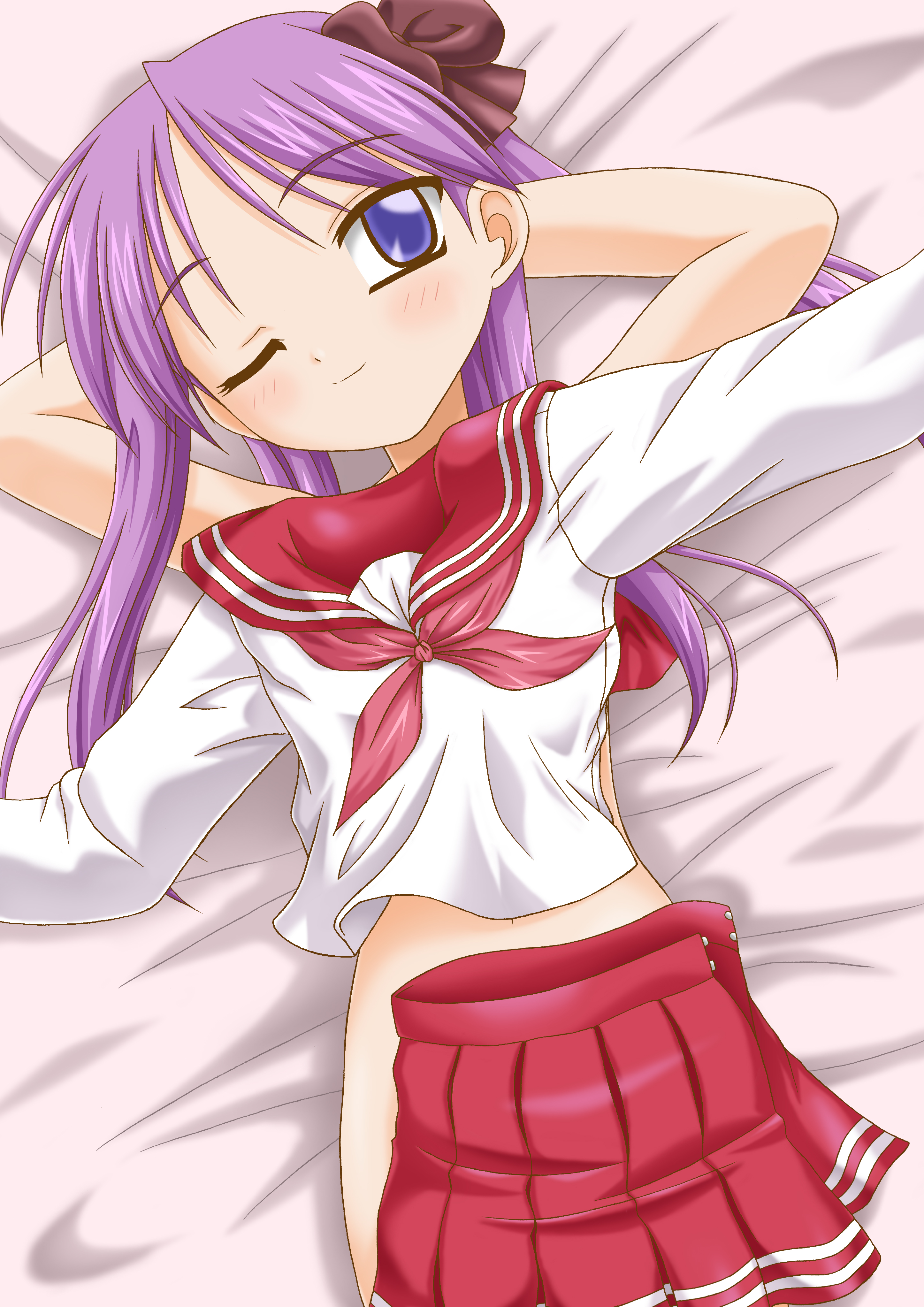 kikusui napo, hiiragi kagami, lucky star, absurdres, highres, 00s, 1girl, blue eyes, clothes in front, covering privates, female focus, long hair, one eye closed, purple hair, school uniform, serafuku, solo, twintails, wink