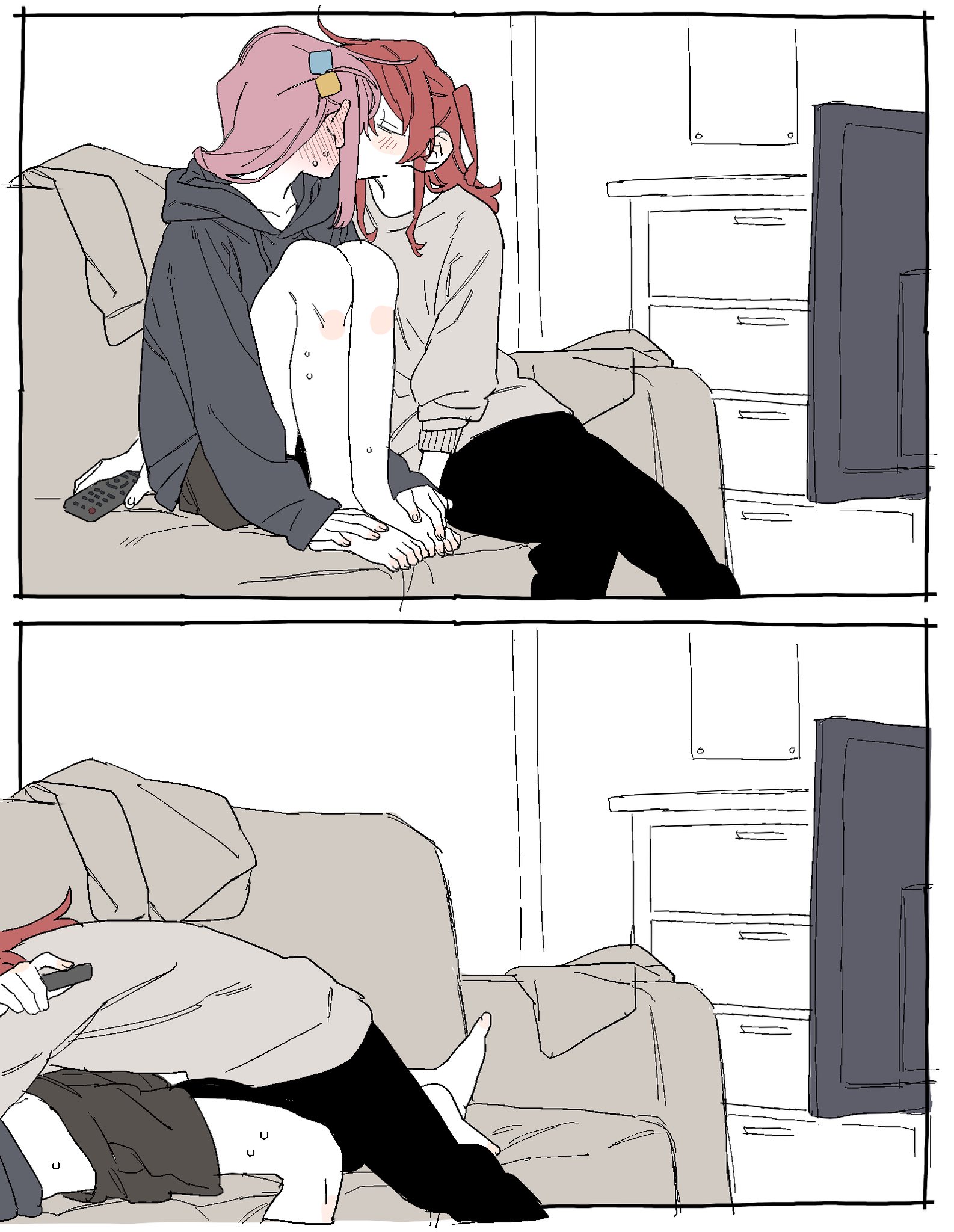 dayama, gotoh hitori, kita ikuyo, bocchi the rock!, highres, 2girls, barefoot, black pants, closed eyes, controller, couch, cube hair ornament, grey hoodie, grey sweater, hair behind ear, hair ornament, holding, holding remote control, hood, hoodie, indoors, kiss, long hair, multiple girls, on couch, pants, pink hair, red hair, remote control, sweat, sweater, television, toes, yuri