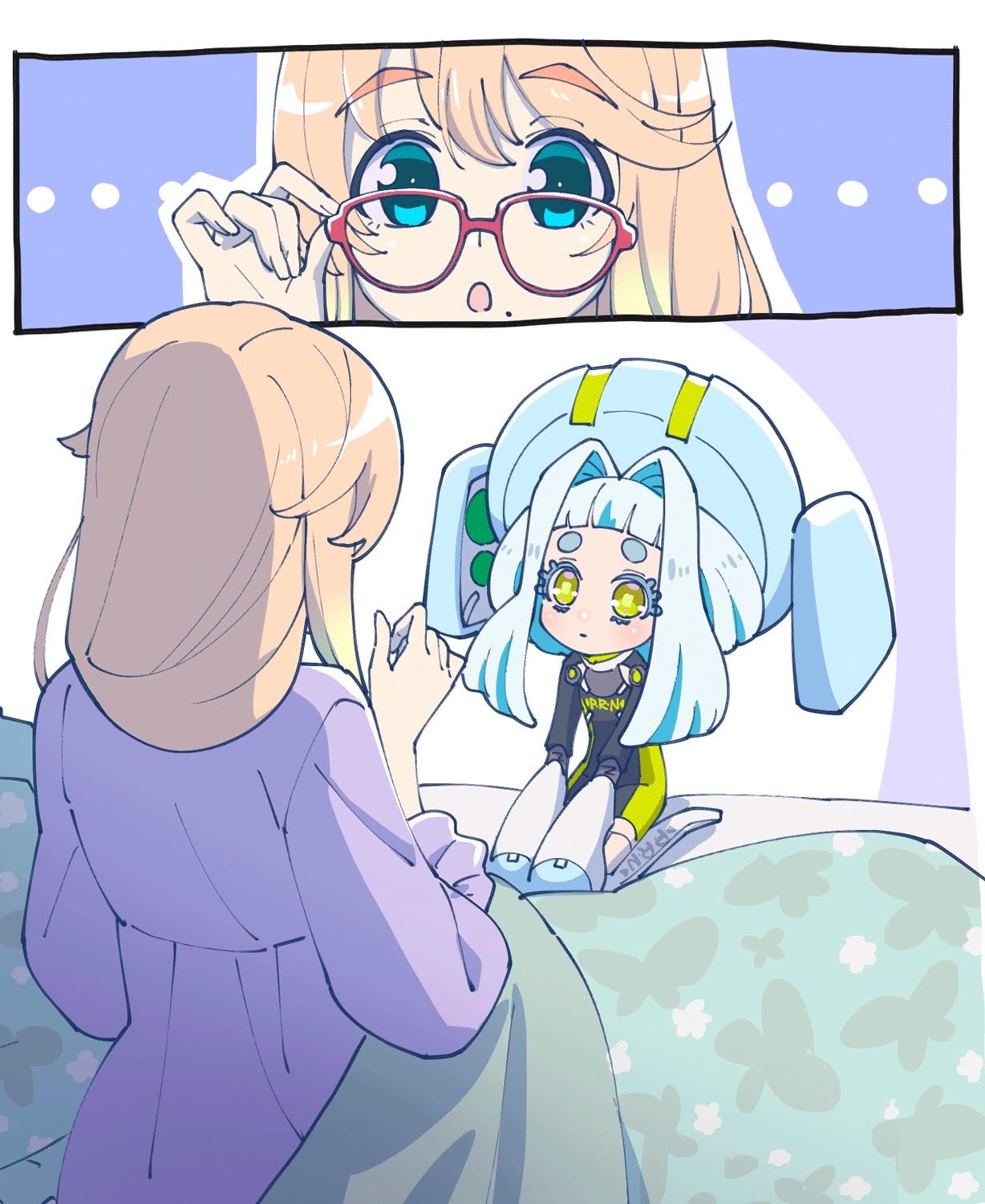 haruno sora, voicepeak, voiceroid, commentary request, highres, official art, second-party source, …, 2girls, :o, adjusting eyewear, alternate costume, aqua eyes, black bodysuit, blonde hair, blue hair, blue hat, blunt bangs, bodysuit, closed mouth, colored eyelashes, colored inner hair, dress, expressionless, from behind, glasses, gradient hair, hair intakes, hasegawa umi, hat, large hat, long hair, long sidelocks, looking at another, mechanical hands, mechanical legs, medium hair, mole, mole under mouth, multicolored hair, multiple girls, no jacket, orange hair, poron-chan, purple dress, red-framed eyewear, seiza, short bangs, short eyebrows, sidelocks, simple background, sitting, sleepwear, square pupils, thick eyebrows, white background, yellow eyes