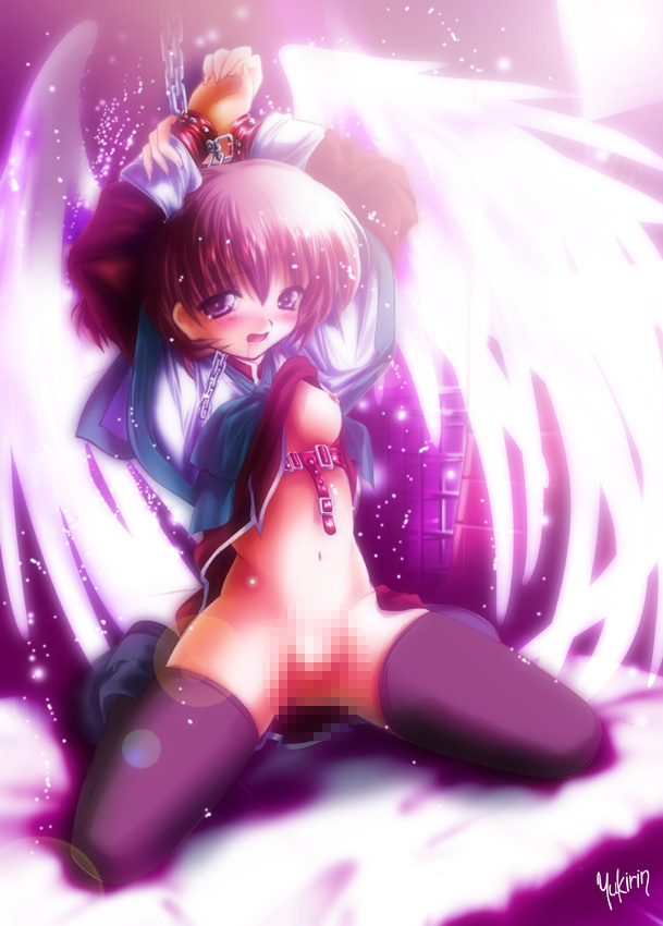 yukirin, amano mishio, kanon, 1girl, bdsm, black thighhighs, bondage, bound, breasts, censored, chain, cuffs, female focus, medium breasts, nipples, small nipples, solo, thighhighs, wings