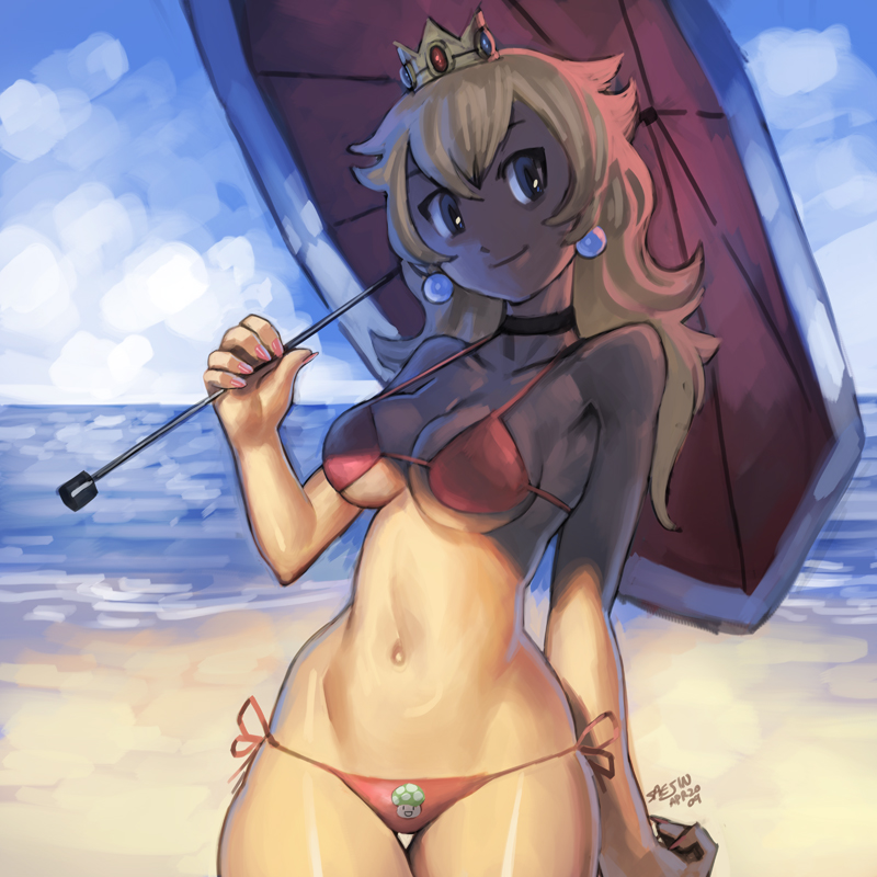 saejin oh, princess peach, mario (series), nintendo, super mario bros. 1, bad deviantart id, bad id, 1-up mushroom, 1girl, 1up, beach, bikini, blonde hair, blue eyes, breasts, choker, cleavage, collarbone, crown, curvy, day, earrings, female focus, food print, hip focus, jewelry, large breasts, long hair, looking at viewer, lowleg, lowleg bikini, micro bikini, mushroom, nail polish, navel, outdoors, pink nails, print bikini, red bikini, shade, side-tie bikini bottom, smile, solo, swimsuit, thigh gap, thighs, toned, toned female, umbrella, underboob, water, wide hips