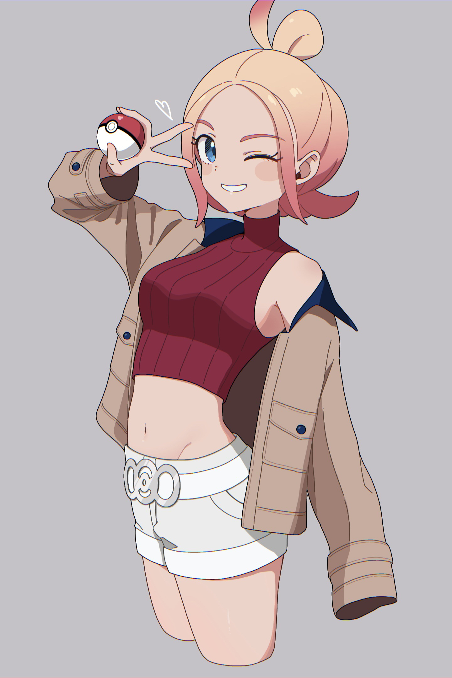 ama (ama ekaku), taunie (pokemon), nintendo, pokemon, pokemon legends: z-a, commentary request, highres, 1girl, bare shoulders, blonde hair, blue eyes, blush, breasts, brown jacket, crop top, cropped shirt, gradient hair, grey background, hair bun, jacket, long sleeves, looking at viewer, midriff, multicolored hair, navel, open clothes, open jacket, open mouth, pink hair, poke ball, poke ball (basic), red shirt, red sweater, ribbed shirt, shirt, shorts, simple background, smile, solo, sweater, thighs, turtleneck, turtleneck shirt, v, white shorts