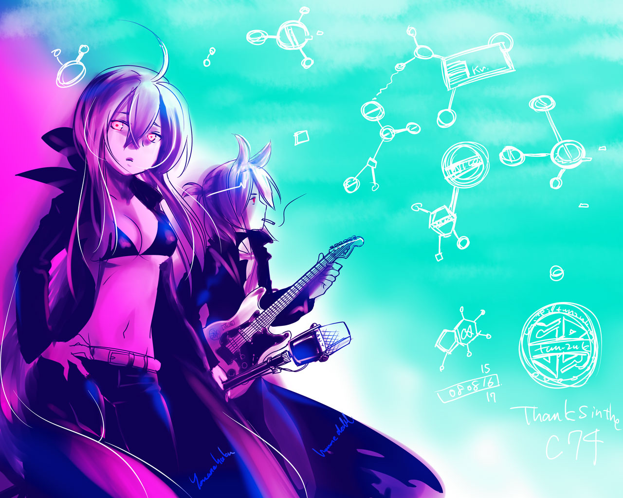 caffein, honne dell, yowane haku, vocaloid, 1boy, 1girl, ahoge, belt, bikini, breasts, chemical structure, chemistry, cigarette, cleavage, guitar, instrument, large breasts, microphone, ribbon, science, smoking, swimsuit