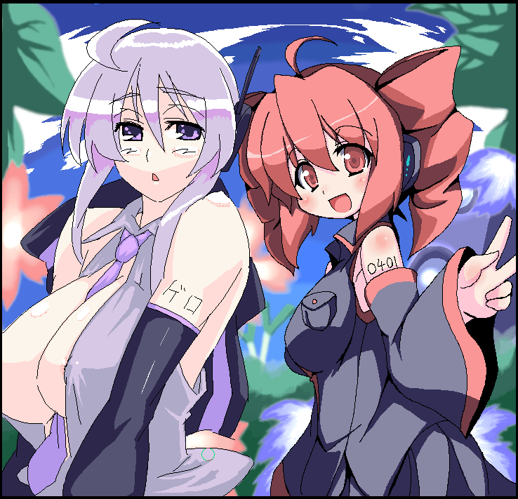 oborotsuki kakeru, kasane teto, kasane teto (utau), yowane haku, utau, vocaloid, silver hair, 2girls, ahoge, blush, breasts, cleavage, crossover, detached sleeves, drill hair, large breasts, long hair, multiple girls, necktie, oekaki, red eyes, red hair, twin drills, twintails, v