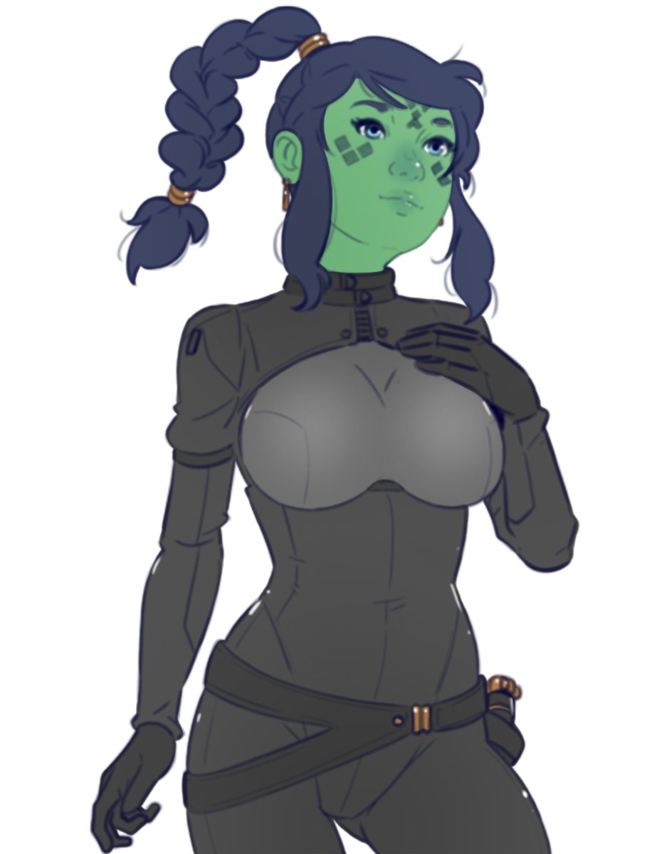 dave cheung, mirialan, yara larso (dave cheung), star wars, highres, 1girl, alien, belt, black belt, black bodysuit, black gloves, black hair, blue eyes, bodysuit, braid, braided ponytail, colored skin, facial mark, gloves, green skin, high ponytail, male focus, ponytail, simple background, white background