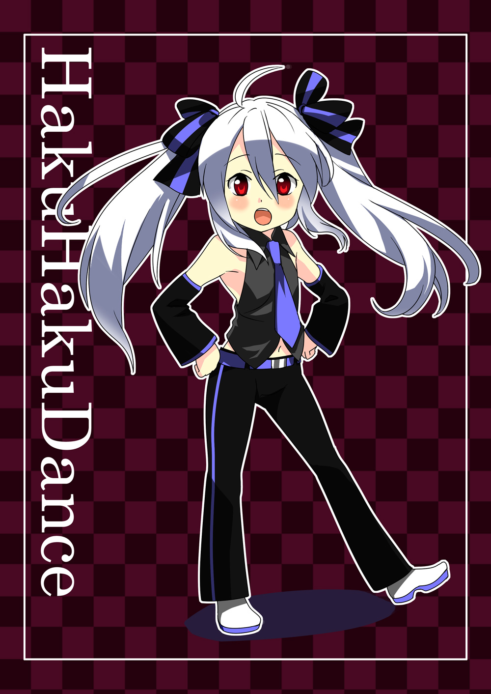 caffein, yowane haku, vocaloid, silver hair, highres, 1girl, aged down, ahoge, blush, detached sleeves, english text, female focus, long hair, mikumikudance, necktie, parody, red eyes, solo, twintails