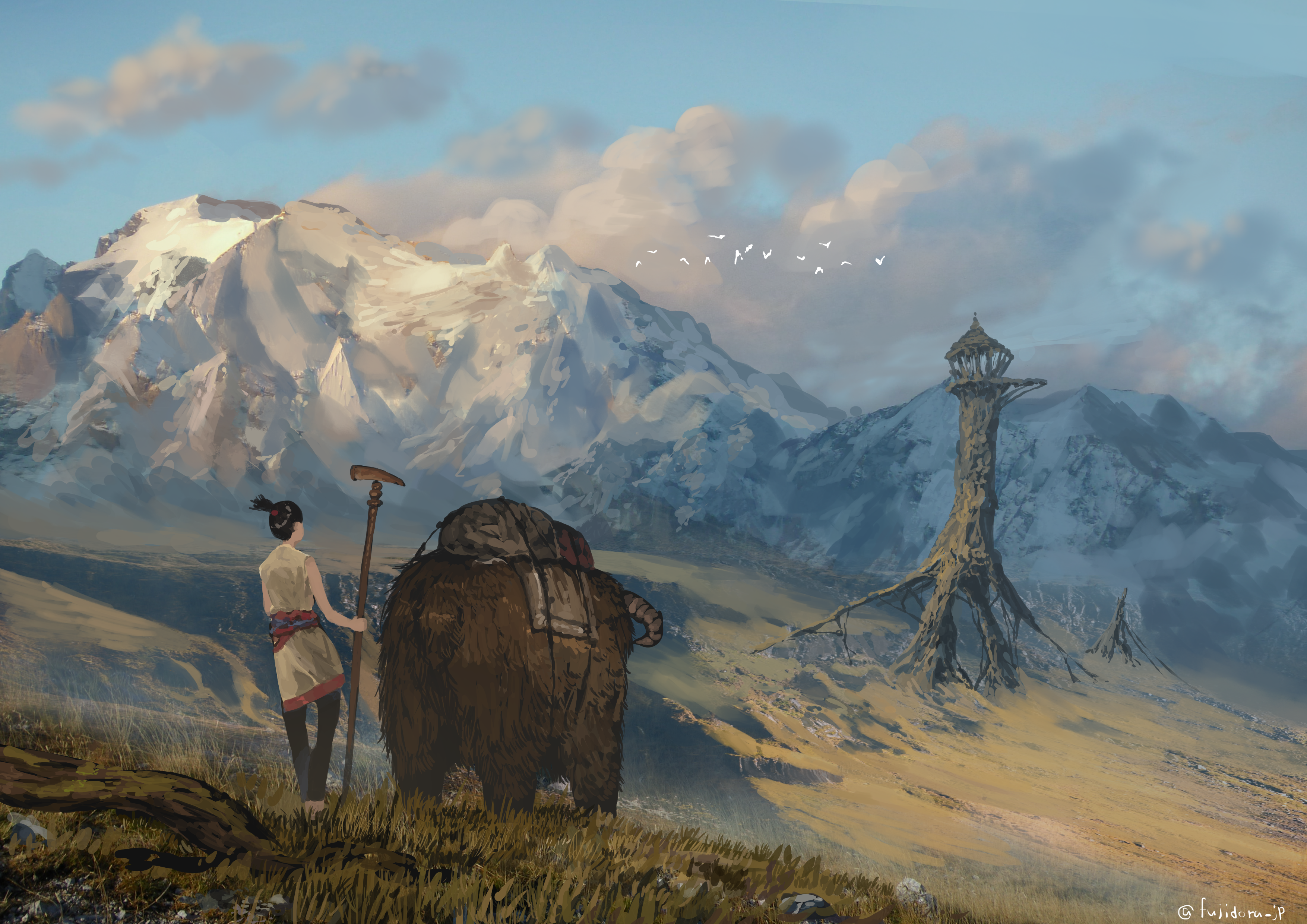 fujidora jp, original, absurdres, commentary request, highres, 1other, ambiguous gender, animal, artist name, black hair, black pants, blue sky, brown shirt, cloud, day, holding, mountain, outdoors, pants, scenery, shirt, simple bird, sky, sleeveless, sleeveless shirt, standing, tower, wide shot