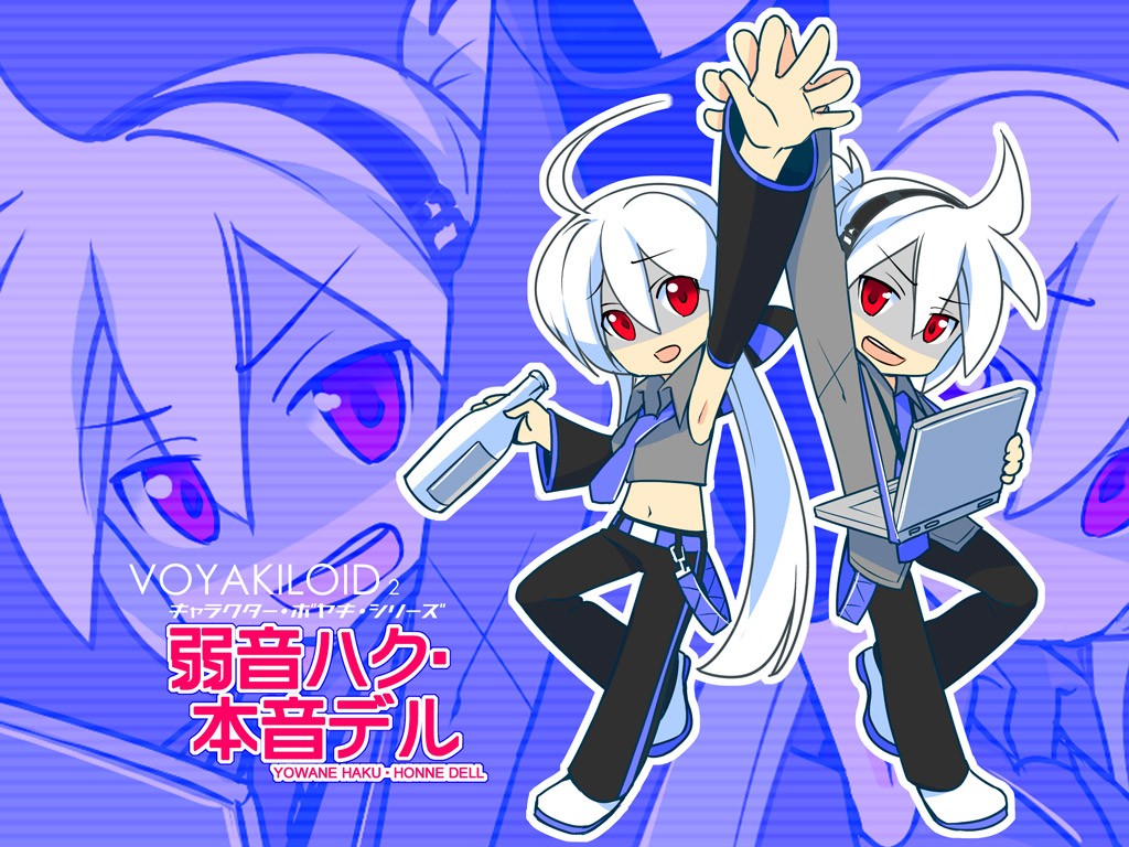 caffein, honne dell, yowane haku, vocaloid, silver hair, ahoge, blouse, detached sleeves, grey shirt, high five, long hair, necktie, red eyes, shirt, square-end necktie, very long hair