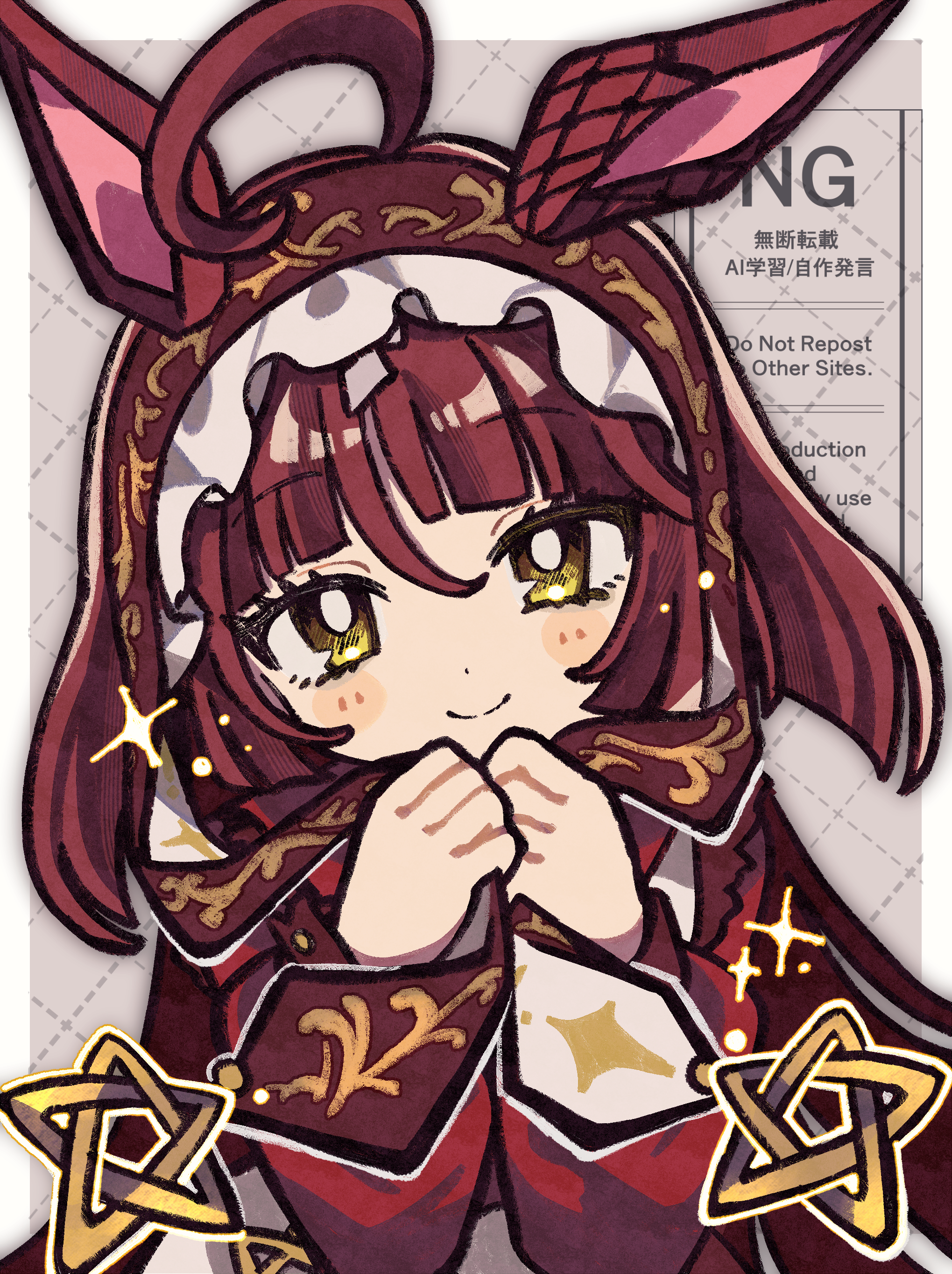 machiya tako, red desire (umamusume), umamusume, absurdres, highres, 1girl, ahoge, animal ears, blunt bangs, blunt ends, blush, brown hair, closed mouth, dress, frilled hairband, frills, hair between eyes, hairband, hands up, horse ears, horse girl, long hair, long sleeves, red dress, red hairband, smile, solo, very long hair, yellow eyes