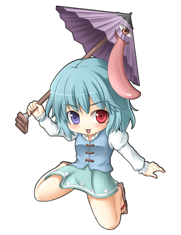 mochi.f, tatara kogasa, touhou, bad id, bad pixiv id, 1girl, blue hair, chibi, female focus, geta, heterochromia, karakasa obake, oil-paper umbrella, short hair, solo, tongue, umbrella