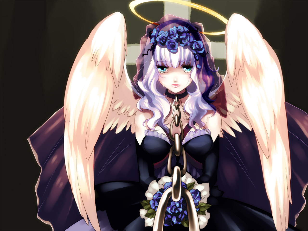 mizuto umi (blue monday), original, bad id, bad pixiv id, 1girl, blue eyes, chain, collar, dress, female focus, flower, halo, purple hair, solo, tears, wings
