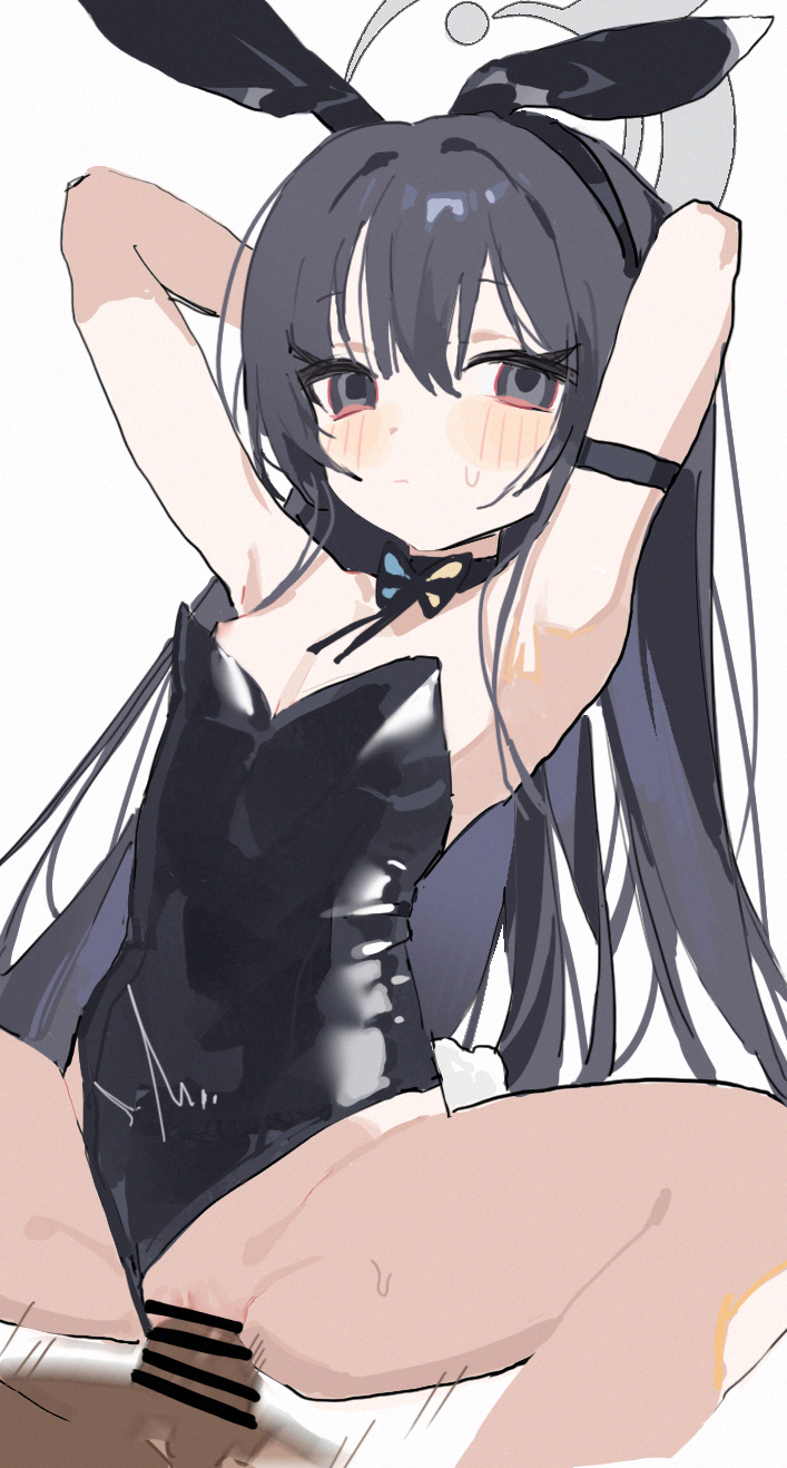 measho, kisaki (blue archive), blue archive, commentary request, highres, 1boy, 1girl, animal ear hairband, animal ears, arms behind head, arms up, bar censor, black eyes, black hair, black leotard, breasts, censored, closed mouth, clothing aside, fake animal ears, girl on top, grey halo, hairband, halo, hetero, leotard, leotard aside, long hair, penis, playboy bunny, pussy, rabbit ear hairband, rabbit ears, sex, simple background, small breasts, solo focus, squatting cowgirl position, strapless, strapless leotard, vaginal, white background