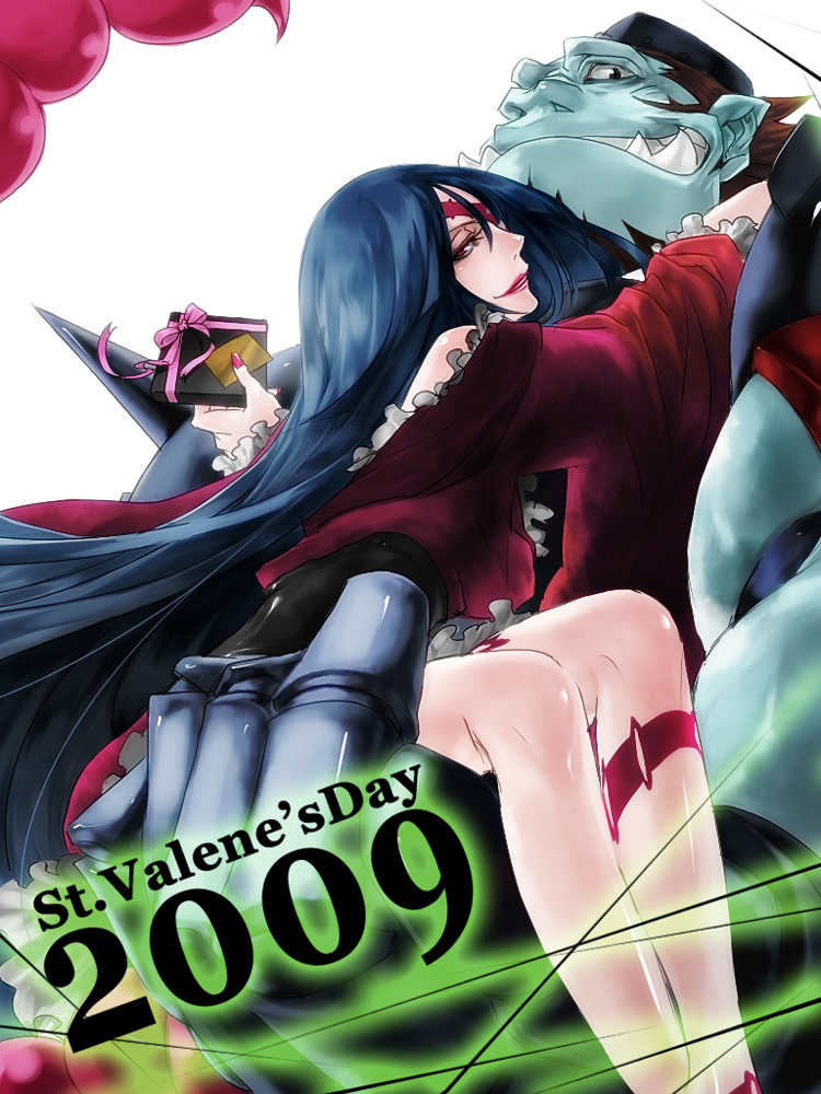 chawan fukasu, musu (1plus), adiane, thymilph, tengen toppa gurren lagann, 00s, 1boy, 1girl, blue hair, couple, eyepatch, hetero, long hair, scorpion tail, tail, tattoo, valentine, very long hair