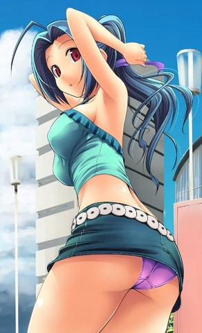 lowres, 1girl, ass, black hair, breasts, female focus, outdoors, panties, red eyes, skirt, sky, solo, underwear