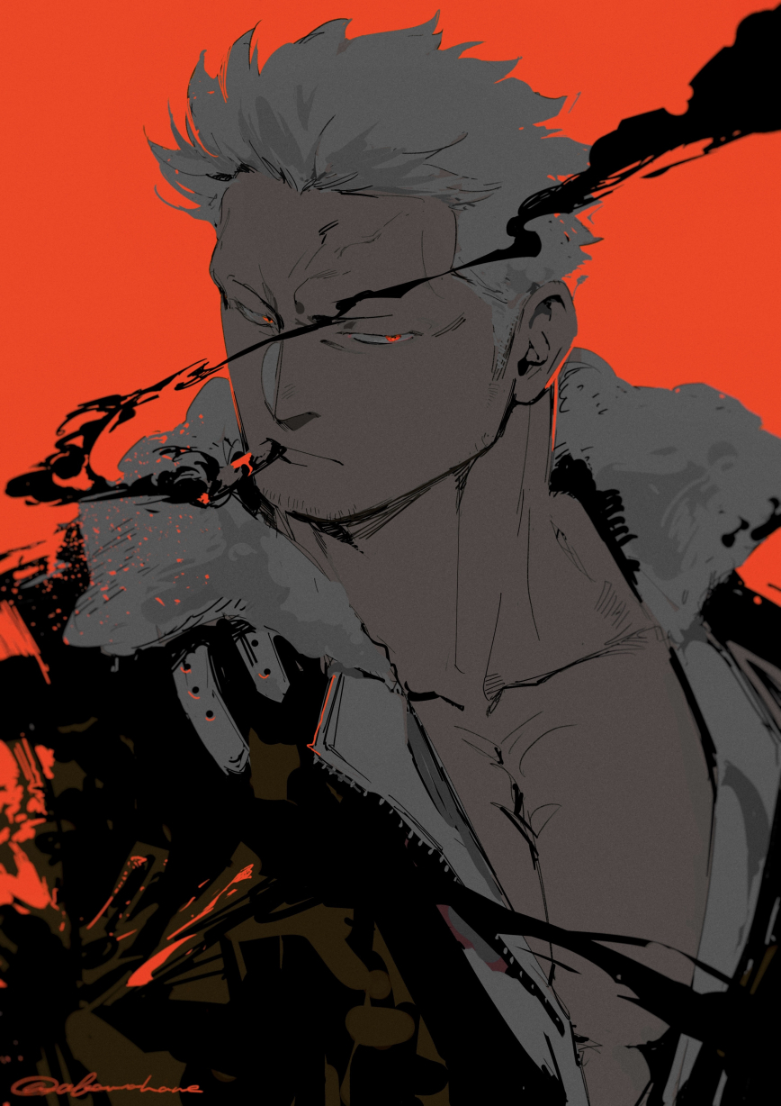 kabane (rjev8385), smoker (one piece), one piece, commentary request, highres, 1boy, black jacket, cigar, closed mouth, collarbone, facial hair, fur-trimmed jacket, fur trim, goatee stubble, jacket, male focus, mouth hold, no shirt, open clothes, open jacket, pectorals, red background, red eyes, short hair, simple background, smoke, smoke trail, smoking, solo, stubble, twitter username, upper body, white hair, zipper