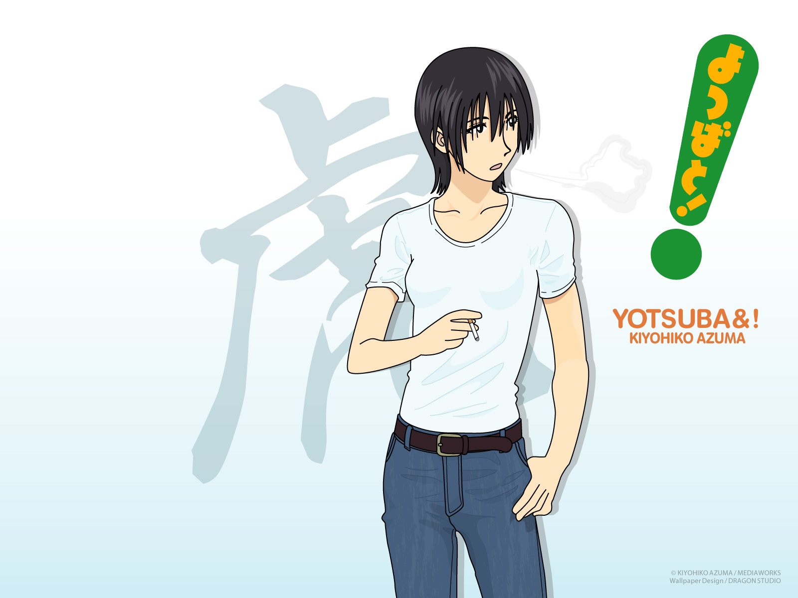 torako (yotsubato!), yotsubato!, highres, 1girl, belt, black hair, cigarette, denim, female focus, jeans, pants, short hair, solo