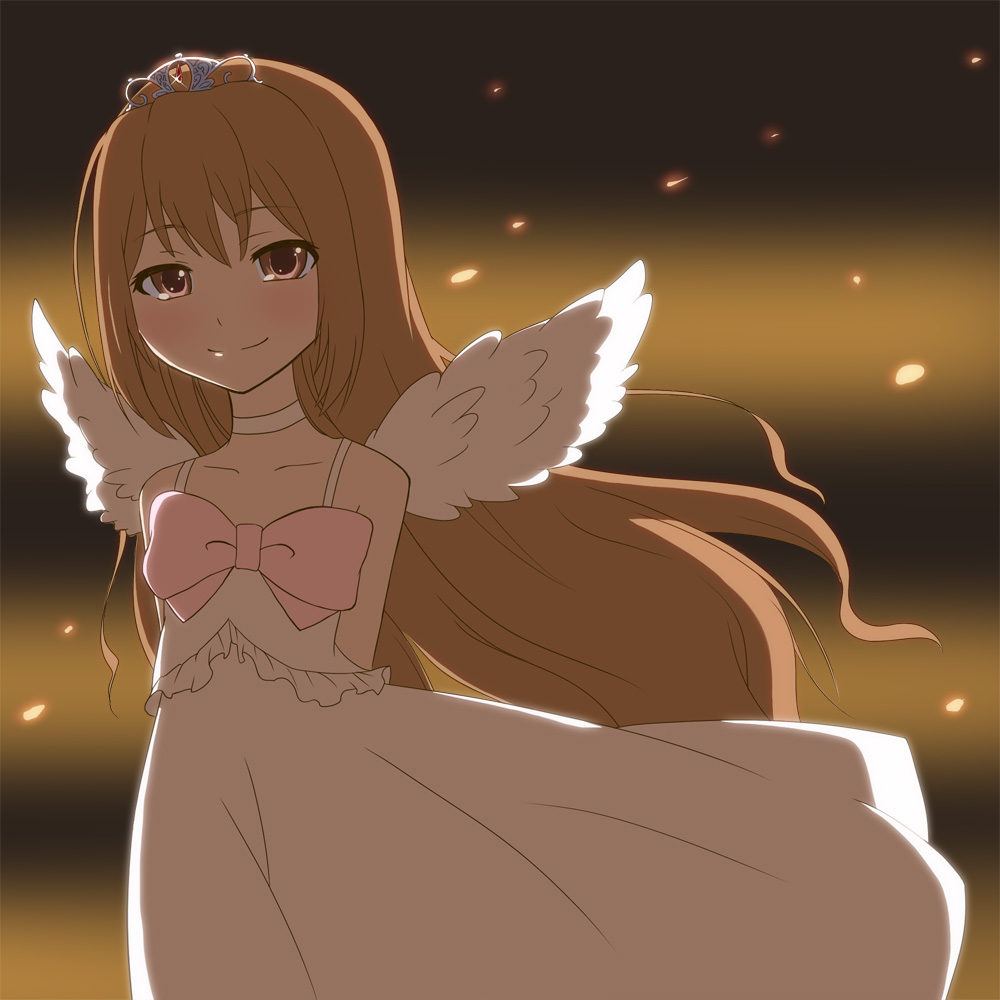 mito tsubaki, aisaka taiga, toradora!, bad id, bad pixiv id, 00s, 1girl, brown eyes, brown hair, dress, female focus, gradient background, long hair, smile, solo, tiara, wings
