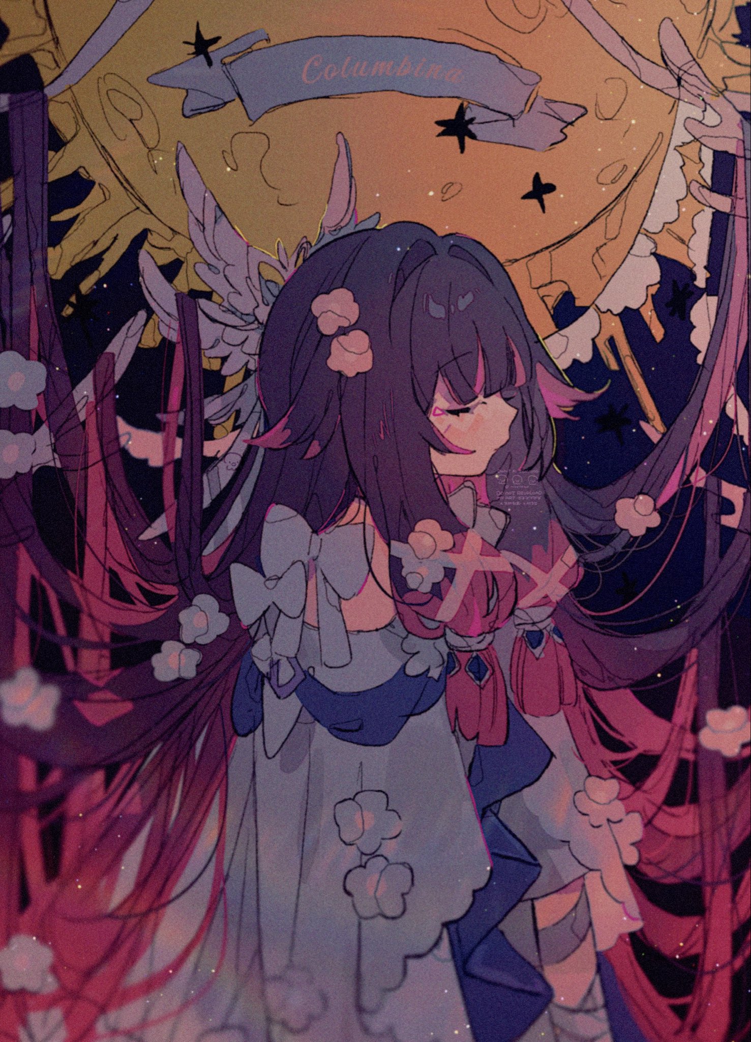 myoco, columbina (genshin impact), genshin impact, highres, 1girl, bandages, black hair, bow, closed eyes, closed mouth, dress, eye mask, facing to the side, flower, hair flower, hair ornament, long hair, mask, moon, multicolored hair, ribbon, solo, streaked hair, very long hair, white dress, white mask, white wings, wings, x-shaped eyewear