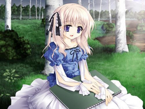 oose no mama ni goshujin-sama!, lowres, 1girl, blonde hair, blue eyes, dress, female focus, frills, gathers, hair ribbon, ribbon, sketchbook, solo, tree