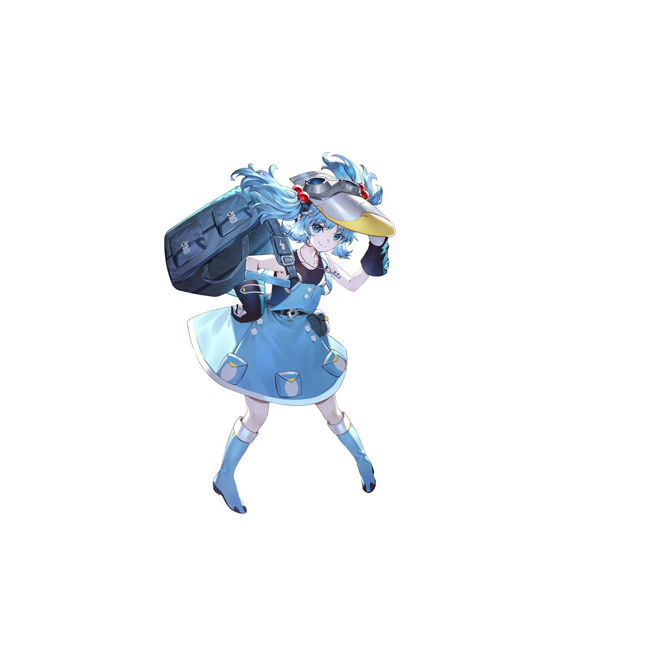 u u zan, kawashiro nitori, touhou, touhou gensou eclipse, game cg, highres, non-web source, official art, second-party source, 1girl, adapted costume, backpack, bag, black gloves, black tank top, blue boots, blue dress, blue eyes, blue hair, boots, closed mouth, dress, full body, gloves, hair bobbles, hair ornament, jewelry, key, key necklace, long hair, necklace, smile, solo, tank top, transparent background, two side up