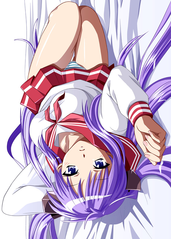 naka noboru, hiiragi kagami, lucky star, bad id, bad pixiv id, 00s, 1girl, aged up, arm behind head, bed, blue eyes, blue panties, blush, breasts, collarbone, female focus, foreshortening, frown, hair ribbon, indoors, large breasts, long hair, looking at viewer, lying, miniskirt, nail polish, on side, panties, pantyshot, pleated skirt, purple hair, ribbon, school uniform, serafuku, shirt, sidelocks, skirt, solo, striped clothes, striped panties, sweater, taut clothes, taut shirt, thigh gap, thighs, twintails, underwear, upside-down, upskirt, very long hair, white panties