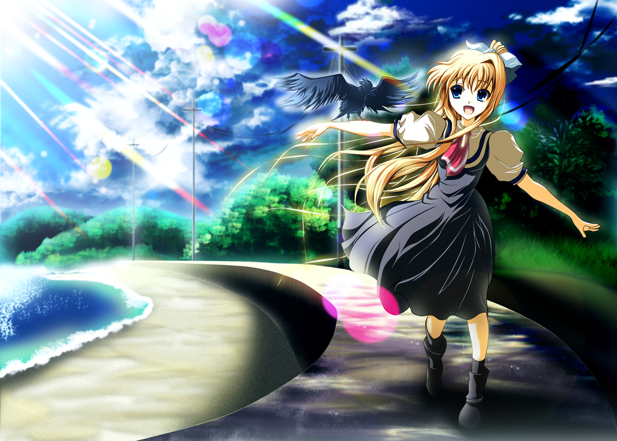 skyt2, kamio misuzu, sora (air), air (visual novel), 00s, 1girl, animal on arm, beach, bird, bird on arm, blonde hair, blue eyes, cloud, crow, day, female focus, hair ribbon, long hair, outdoors, outstretched arms, power lines, ribbon, school uniform, sky, solo, spread arms, very long hair, water