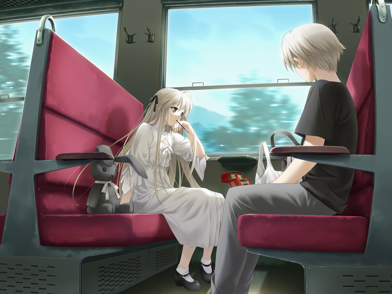 hashimoto takashi, kasugano haruka, kasugano sora, yosuga no sora, commentary request, 1boy, 1girl, black shirt, black shoes, blue sky, brother and sister, dress, food, food in mouth, grey hair, grey pants, long hair, mary janes, pants, pocky, pocky in mouth, shirt, shoes, short hair, siblings, sitting, sky, socks, stuffed animal, stuffed rabbit, stuffed toy, train interior, twins, white dress, white socks