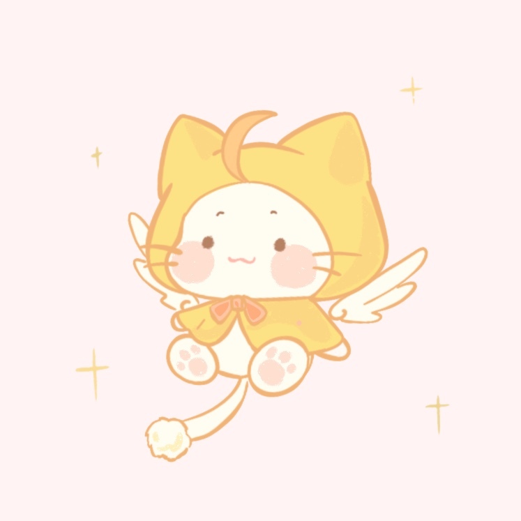 xiaoyu qixing, kero (cardcaptor sakura), momo (nikki), cardcaptor sakura, nikki (series), shining nikki, chinese commentary, commentary request, :3, ahoge, angel wings, animal, animal focus, black eyes, blush stickers, bow, bowtie, cat, cloak, closed mouth, clothed animal, cosplay, detached wings, ear covers, feathered wings, happy, hood, hood up, hooded cloak, kero (cardcaptor sakura) (cosplay), no humans, pawpads, pink background, red bow, red bowtie, simple background, smile, solid circle eyes, solo, sparkle, whiskers, white cat, white wings, winged animal, wings, yellow cloak