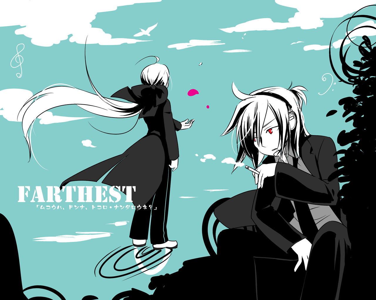 caffein, honne dell, yowane haku, saihate (vocaloid), vocaloid, translation request, ahoge, cigarette, long hair, necktie, ponytail, red eyes, ribbon, short ponytail, smoking
