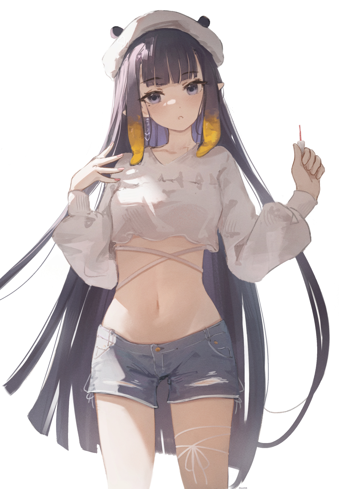 malvar, ninomae ina'nis, hololive, hololive english, commentary, highres, symbol-only commentary, 1girl, beret, blue shorts, blunt bangs, cosmetics, cowboy shot, cropped shirt, denim, denim shorts, earrings, gradient hair, hands up, hat, holding, holding lipstick tube, jewelry, leg ribbon, lipstick tube, long hair, long sleeves, looking at viewer, mole, mole under eye, multicolored hair, navel, official alternate costume, orange hair, parted lips, pointy ears, puffy long sleeves, puffy sleeves, purple hair, ribbon, shirt, short shorts, shorts, sidelocks, simple background, solo, stomach, straight hair, tentacle hair, thigh ribbon, v-neck, very long hair, virtual youtuber, white background, white hat, white shirt