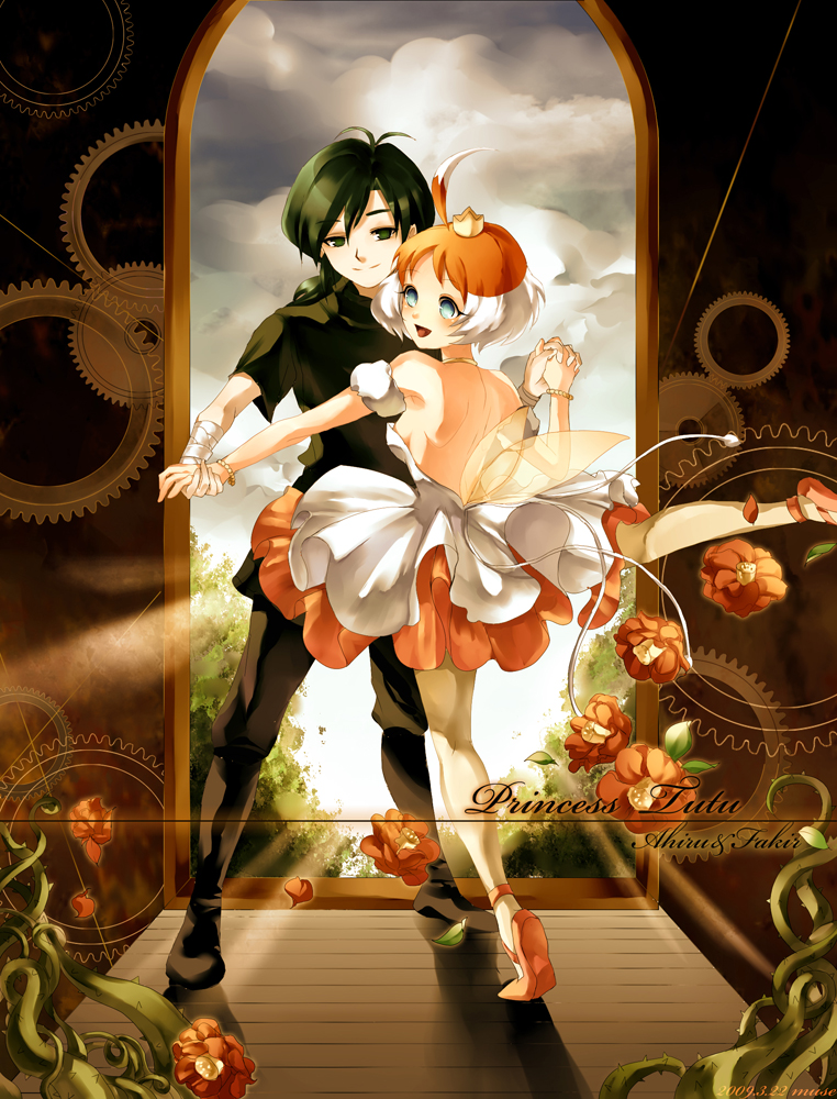 muse (rainforest), ahiru (princess tutu), fakir (princess tutu), princess tutu (character), princess tutu, 00s, 1boy, 1girl, ahoge, backless outfit, ballerina, ballet, ballet slippers, blue eyes, character name, copyright name, dancing, flower, gears, green eyes, green hair, hetero, holding hands, legs, multicolored hair, tutu, two-tone hair