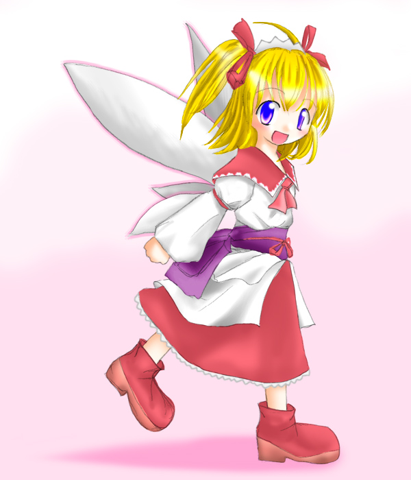 sunny milk, eastern and little nature deity, touhou, touhou sangetsusei, 1girl, blonde hair, blue eyes, child, fairy, female focus, full body, gradient background, hair ribbon, headdress, ribbon, short hair, solo, twintails, two side up, white background, wings