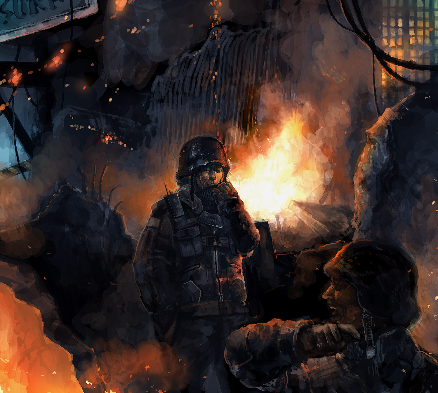 lucy (artist), ruushii, uniform, highres, 2boys, armor, explosion, fire, gun, helmet, multiple boys, rifle, soldier, weapon