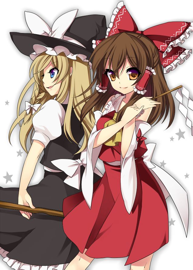 masaru.jp, hakurei reimu, kirisame marisa, touhou, bad id, bad pixiv id, 2girls, blue eyes, broom, female focus, gohei, multiple girls, wand