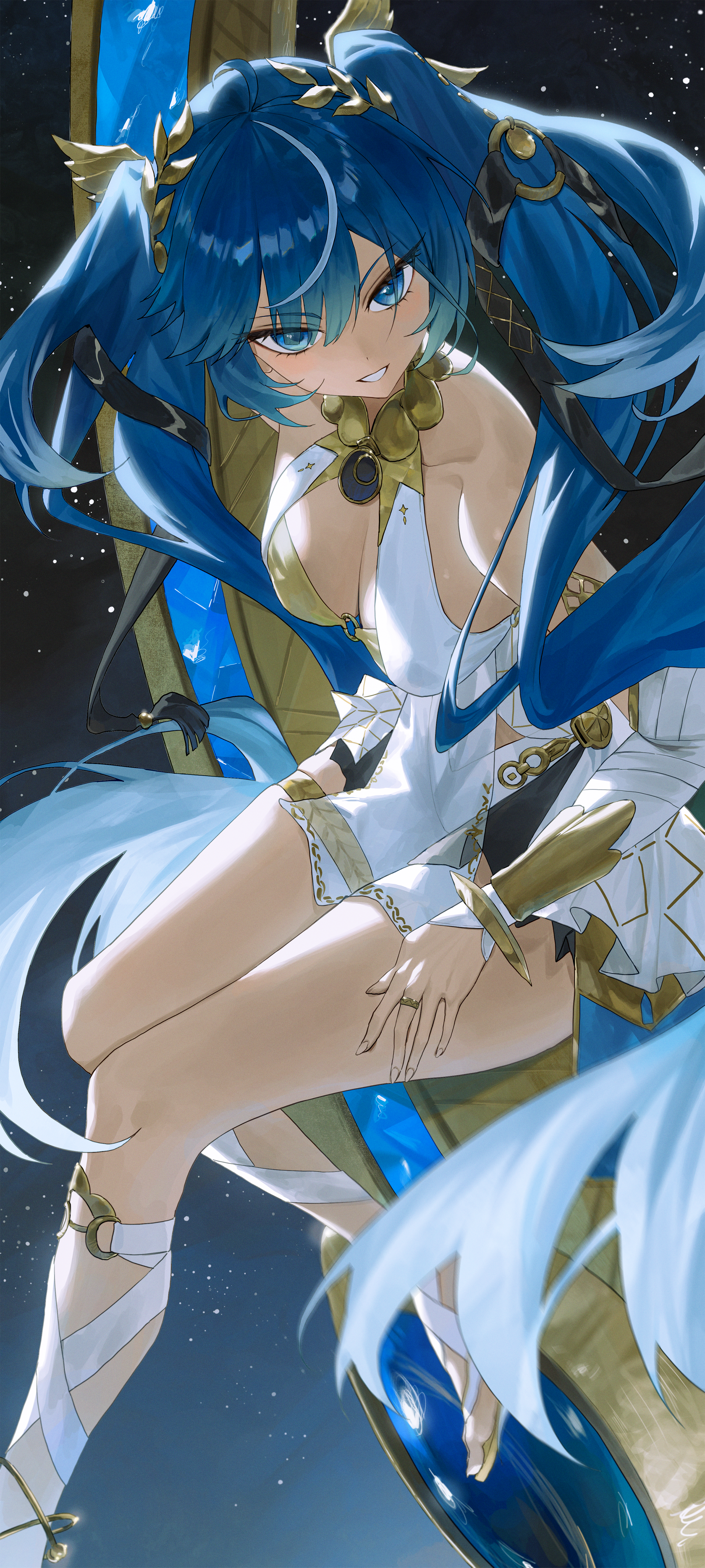 tabulagami, iuno (wuthering waves), wuthering waves, absurdres, commentary, highres, 1girl, ahoge, ancient greek clothes, armlet, bare shoulders, blue eyes, blue hair, breasts, cleavage, gold bra, greco-roman clothes, jewelry, laurel crown, long hair, looking at viewer, medium breasts, multicolored hair, parted lips, ring, sitting, smile, solo, streaked hair, thighlet, thighs, twintails, vambraces