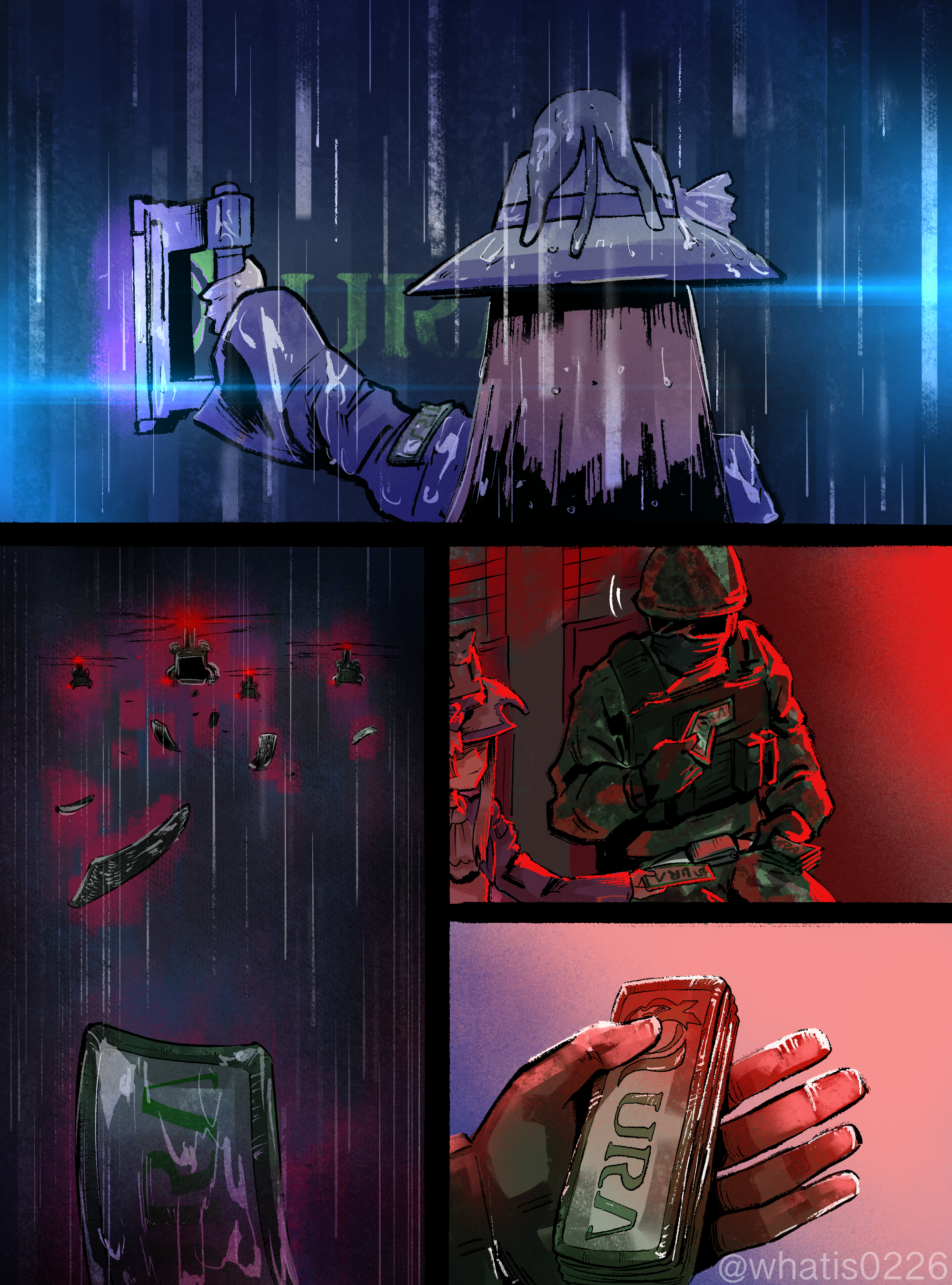 what is (pix30d), akikawa yayoi (umamusume), metal gear (series), metal gear solid v: ground zeroes, metal gear solid v: the phantom pain, umamusume, absurdres, commentary, highres, symbol-only commentary, 1boy, 1girl, aircraft, animal, animal on head, brown hair, camouflage, camouflage helmet, cat, cat on head, hat, helicopter, helmet, jacket, long hair, long sleeves, on head, parody, purple jacket, rain, soldier, white hat