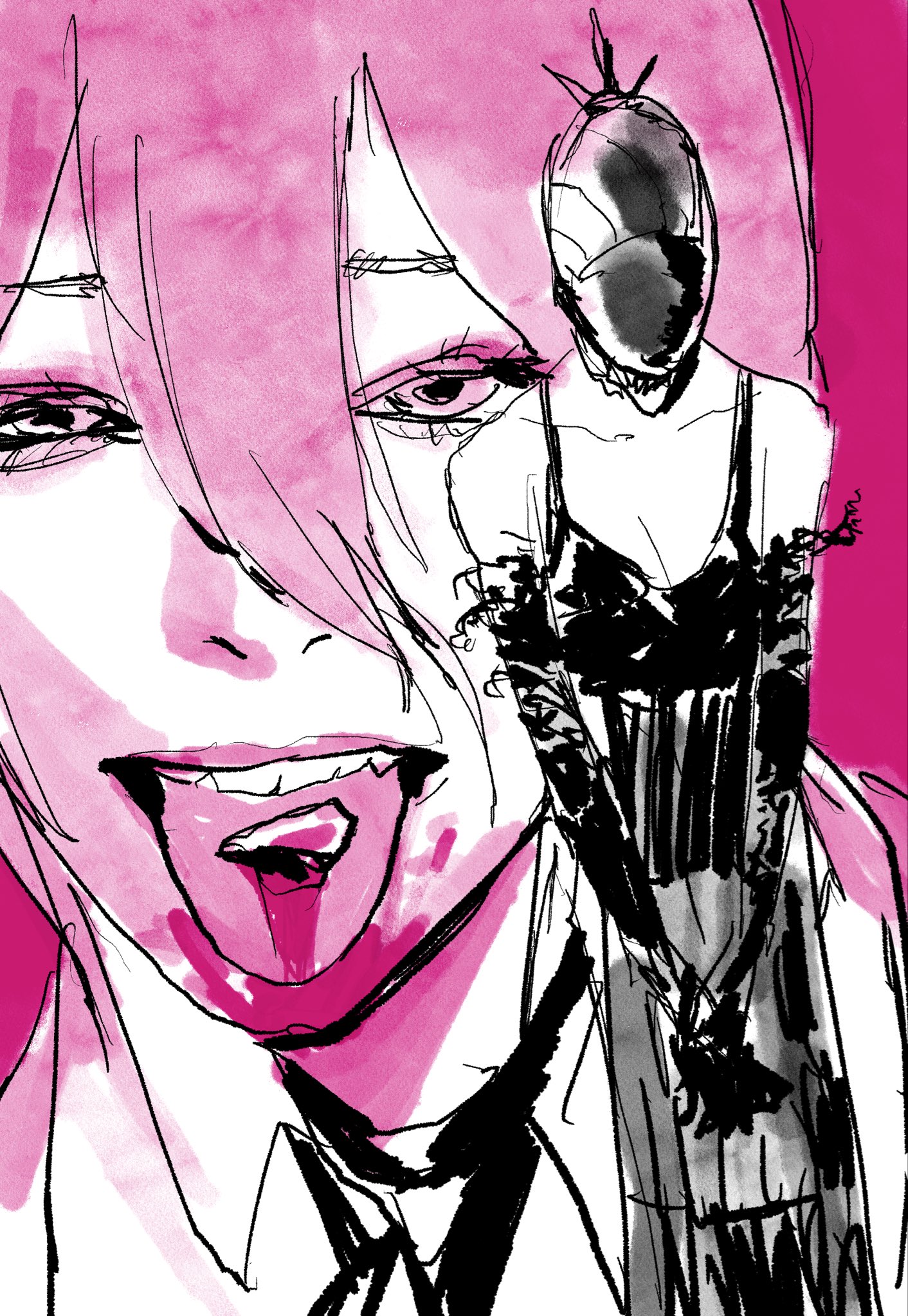 machipachi1901, bomb devil (chainsaw man), reze (chainsaw man), chainsaw man, highres, 2girls, apron, blood, blood on face, breasts, cleavage, collared shirt, elbow gloves, gloves, hair between eyes, looking at viewer, medium breasts, multiple girls, object head, open mouth, pink background, severed tongue, shirt, tongue, tongue out