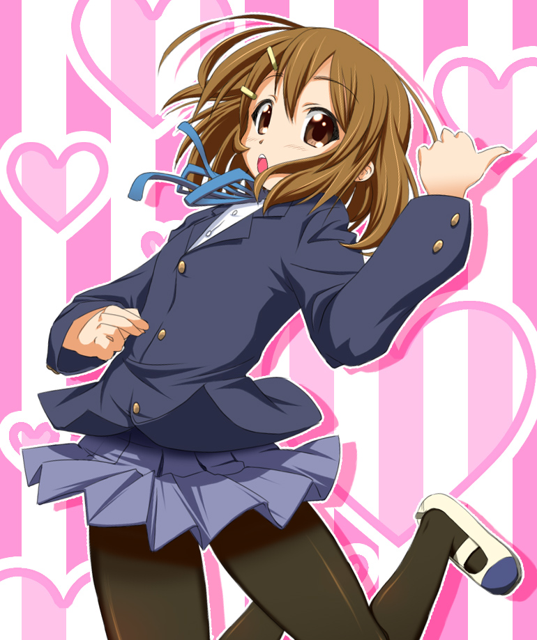 hirorin, nekono matatabi, hirasawa yui, k-on!, 00s, 1girl, air guitar, brown eyes, brown hair, female focus, hair ornament, hairclip, open mouth, pantyhose, school uniform, shoes, solo, uwabaki