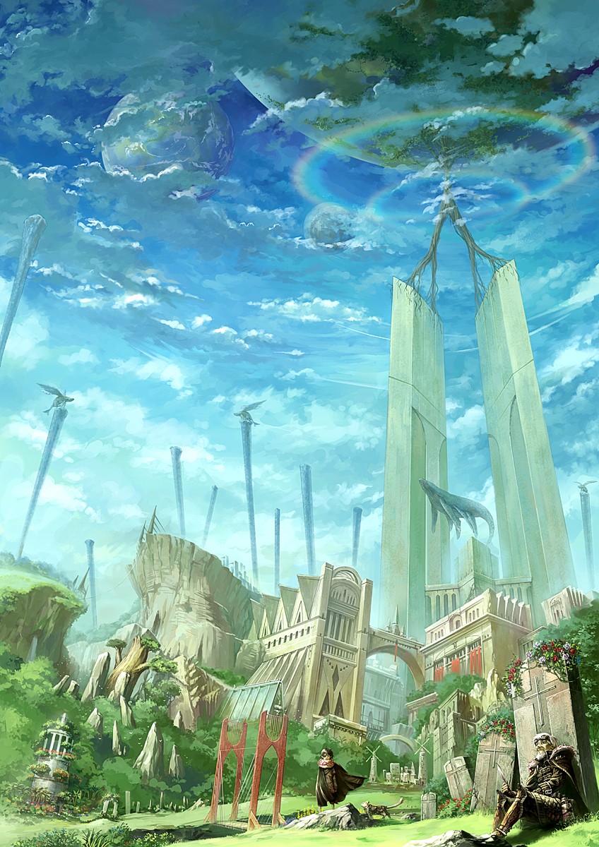 oropi, highres, 2boys, building, city, cloak, flying, landscape, multiple boys, ruins, scenery, sitting, surreal, tombstone, whale