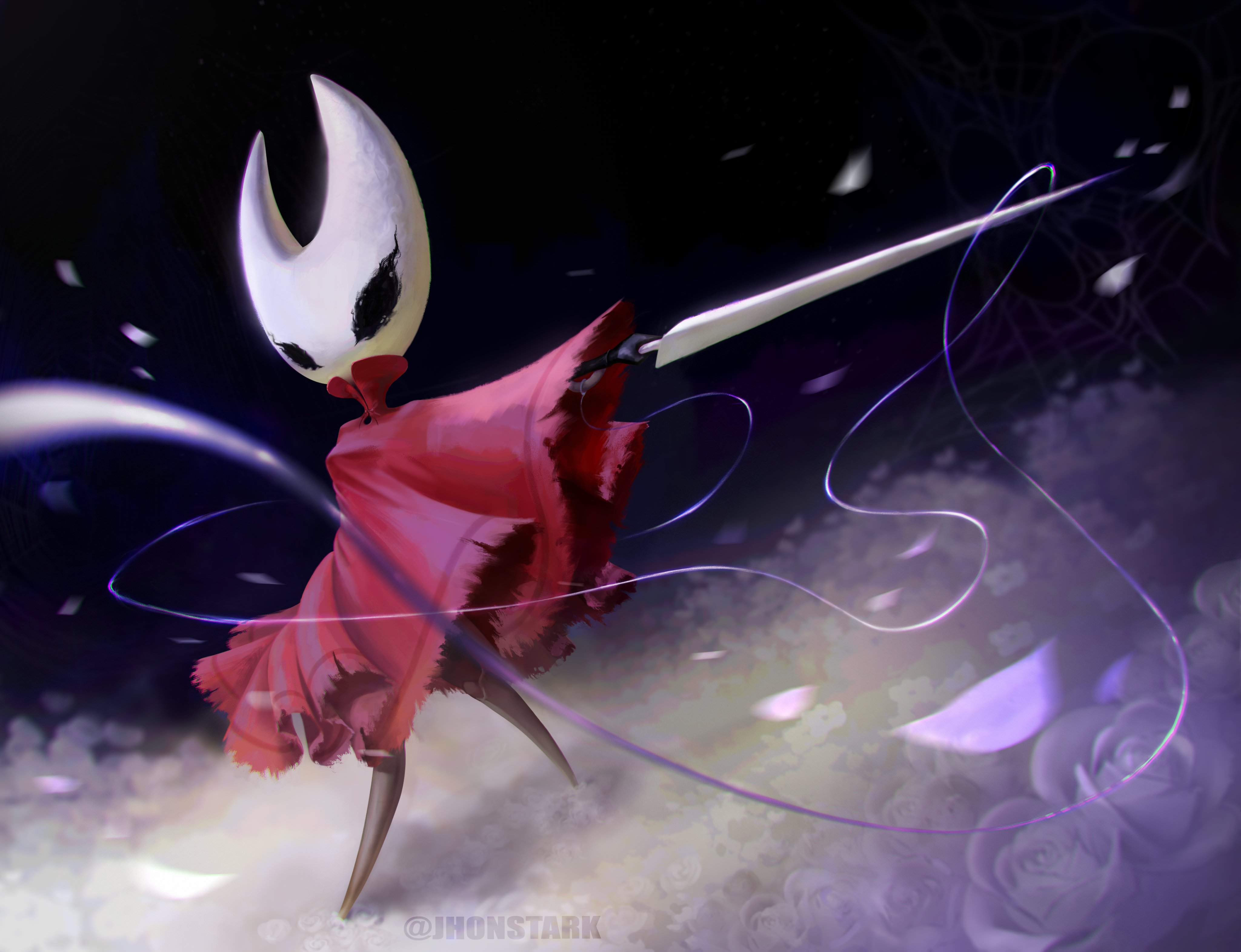 hornet (hollow knight), hollow knight, hollow knight: silksong, absurdres, highres, arthropod girl, black background, black eyes, black sclera, black skin, cloak, colored sclera, colored skin, falling petals, fighting stance, flower, holding, holding needle, holding weapon, horns, jhoonstark, looking at viewer, needle, petals, red cloak, rose, rose petals, string, turtleneck, weapon, white flower