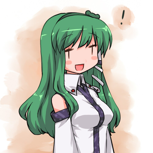 ktsecond, kochiya sanae, touhou, bad id, bad pixiv id, lowres, !, 1girl, blush, breasts, female focus, smile, solo, upper body, | |