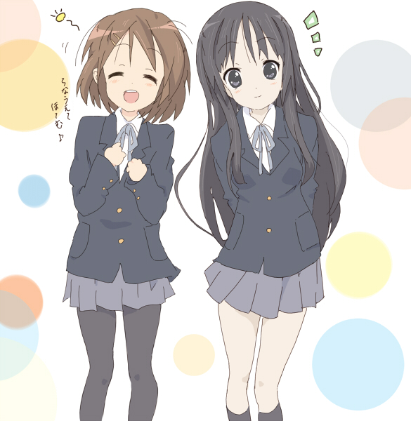 core (mayomayo), akiyama mio, hirasawa yui, k-on!, bad id, bad pixiv id, 00s, 2girls, arms behind back, closed eyes, multiple girls, pantyhose, school uniform, smile
