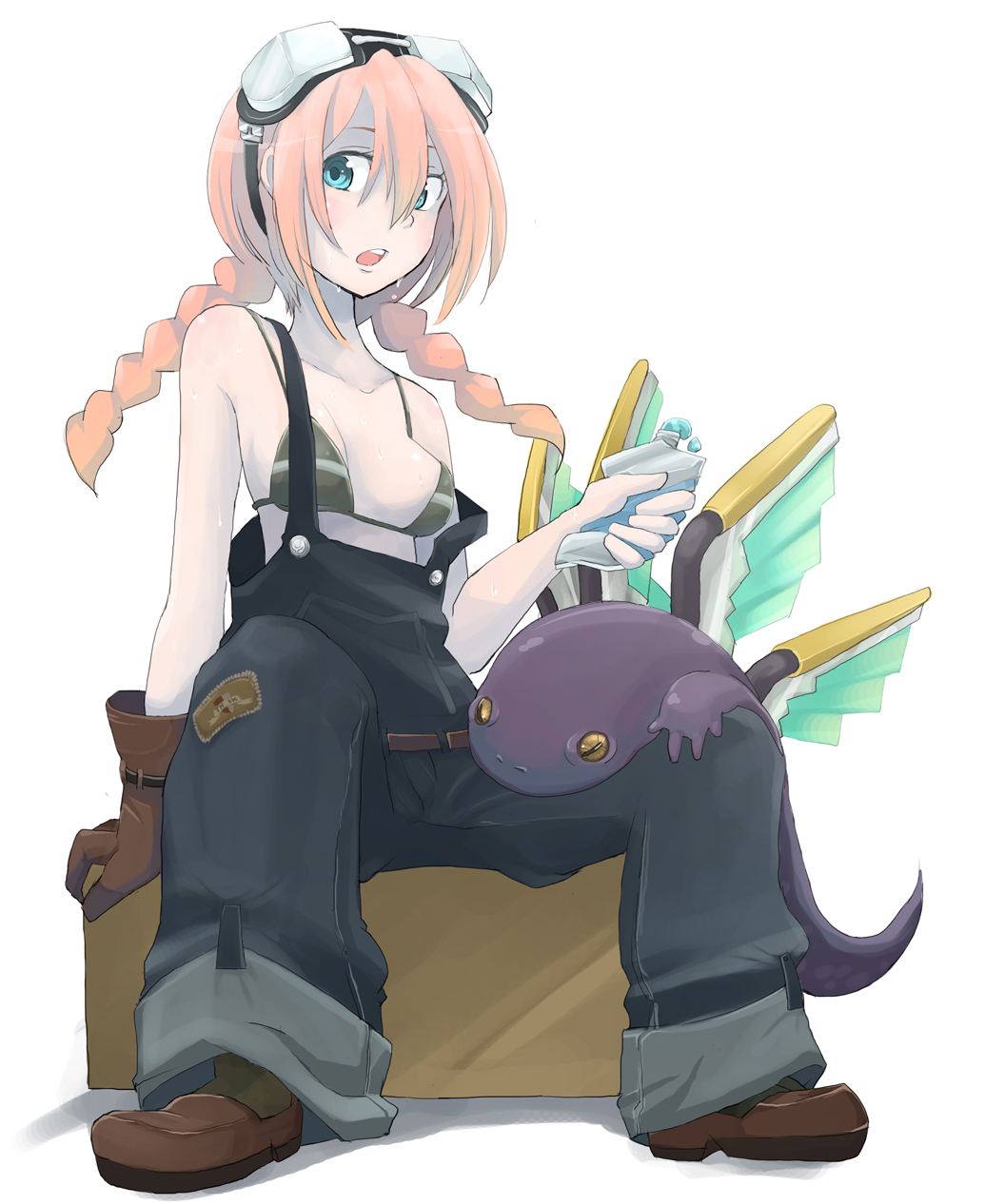 tansuke, takagi (tansuke), original, highres, 1girl, blue eyes, braid, female focus, gloves, goggles, lizard, orange hair, overalls, salamander, solo, sweat, twin braids
