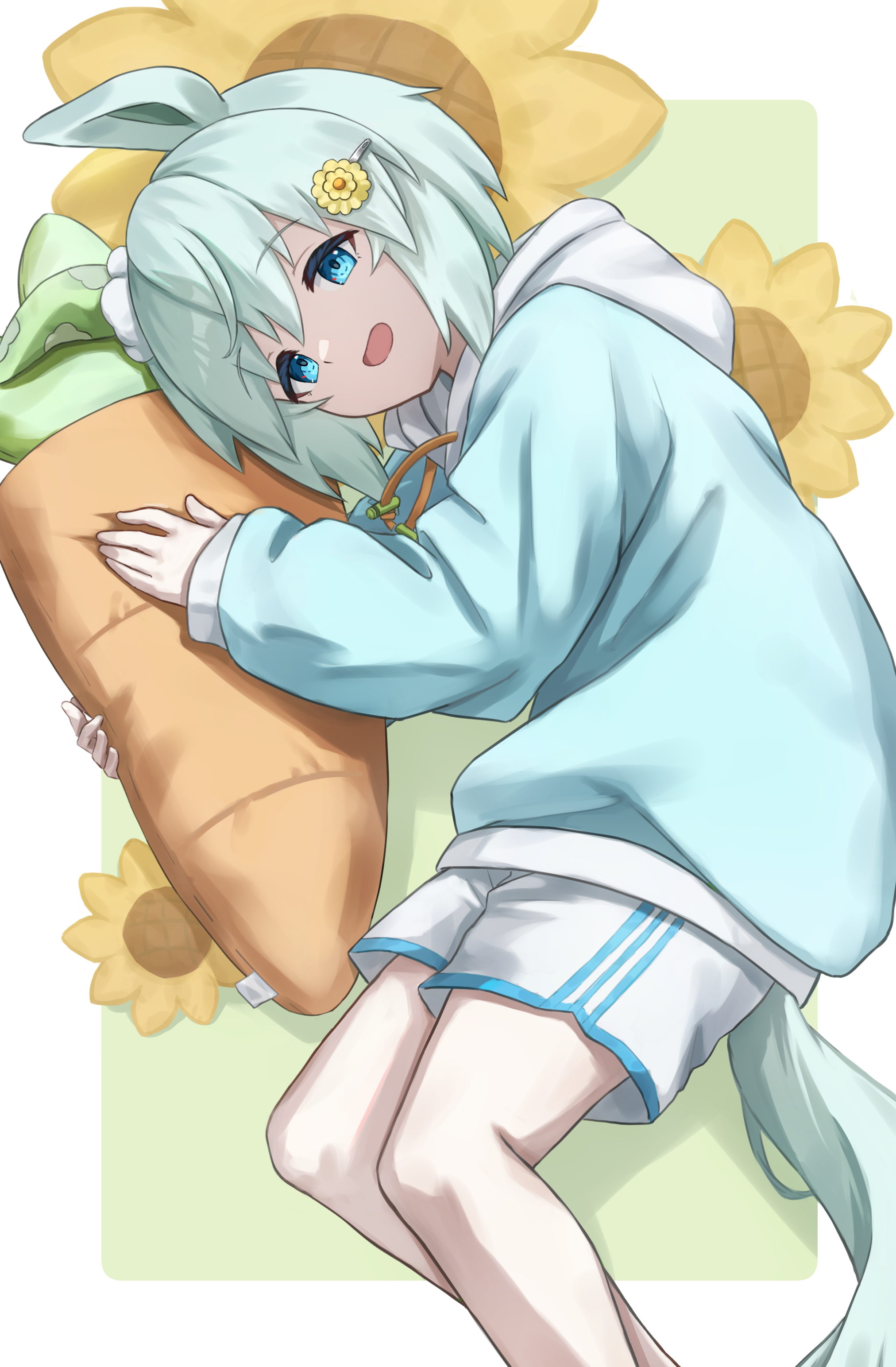 utd (ponzu supai), seiun sky (umamusume), umamusume, absurdres, commentary, highres, 1girl, animal ears, blue eyes, blue hoodie, blue trim, border, carrot-shaped pillow, casual, drawstring, ear covers, ear scrunchie, feet out of frame, flower, flower hairpin, from side, green background, green hair, hair between eyes, hands up, holding, holding pillow, hood, hood down, hoodie, horse ears, horse girl, horse tail, long sleeves, looking at viewer, open mouth, outside border, pillow, scrunchie, short hair, shorts, single ear cover, solo, sunflower, tail, white border, white scrunchie, white shorts